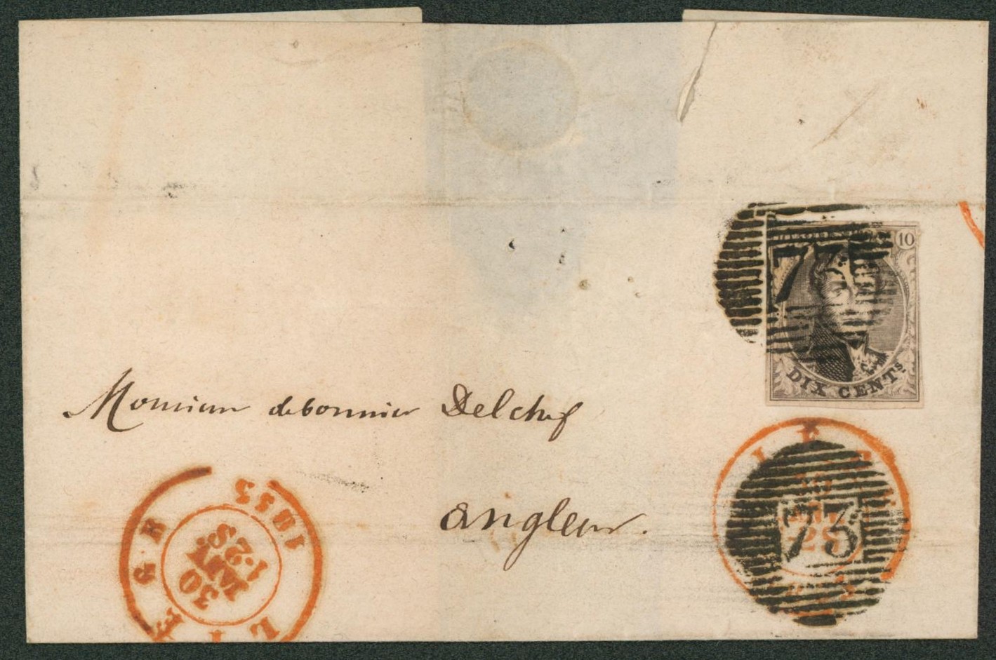 n°6 au filet coin supérieur droit sur LSC obl P73 çàd Liège + superposition du cachet dateur rouge "Liège" et du cachet du bureau de perception de Liège (R !) > Angleur. "