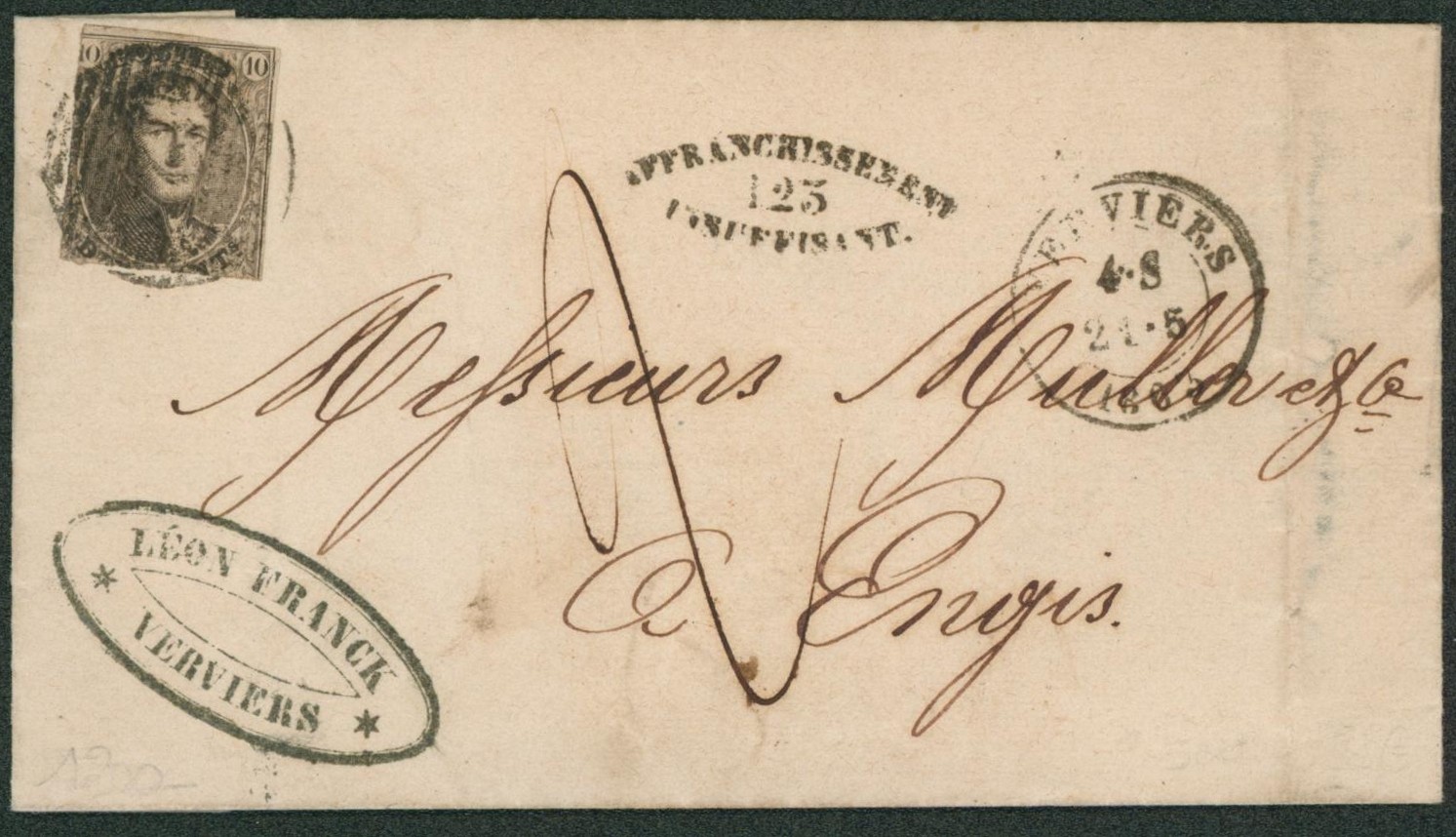 Utilisation tardif - n°10 touché sur LAC obl P123 çàd Verviers + taxe manuscrite "2" & Affranchissement 123 insuffisant > Engis. Cachet de distribution au verso. TB "