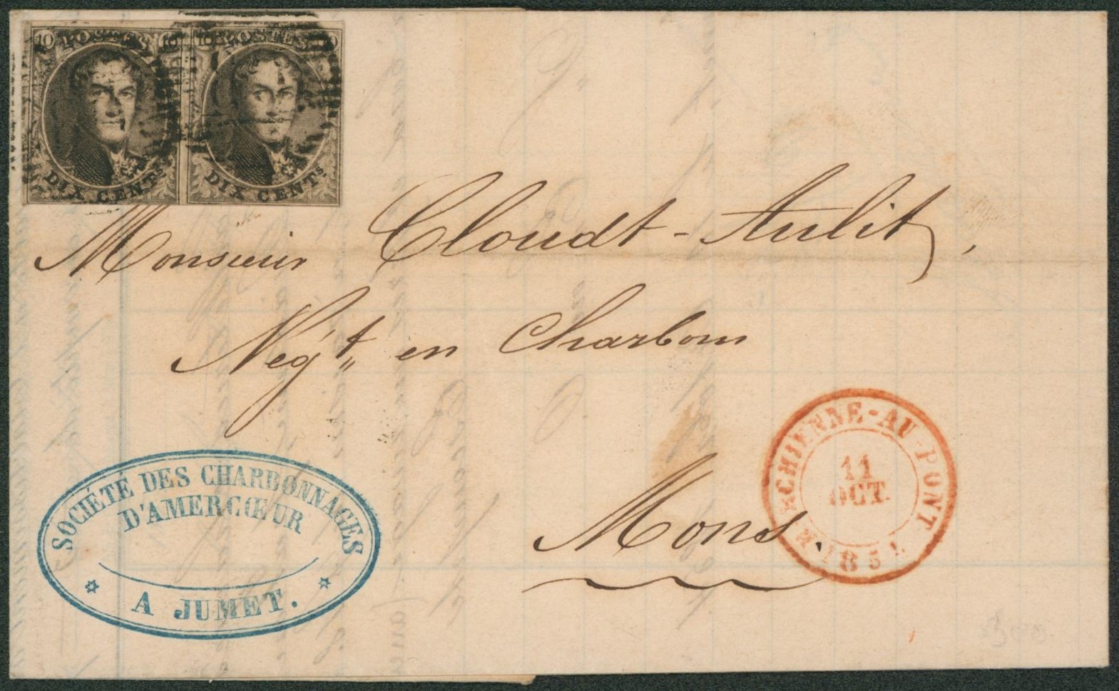 n°6 en paire  au filet sur LAC à en-tête (Société des charbonnages d'amercoeur, Jumet) obl P80 çàd Marchienne-au-pont > Mons