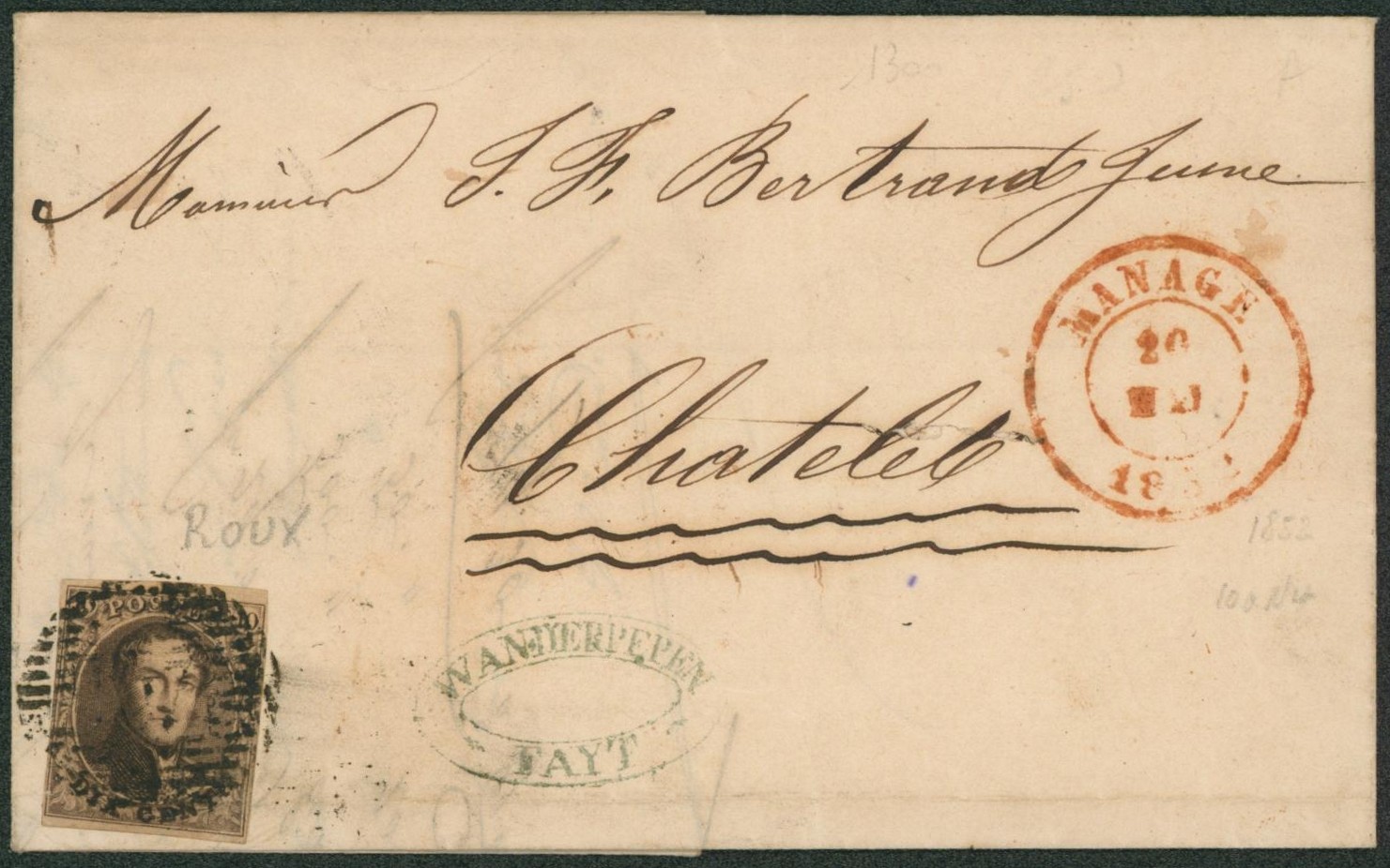 n°6 (nuance, roux) margé + pli d'archive sur LAC obl P107 Manage (Origine Fayt) > Chatelet