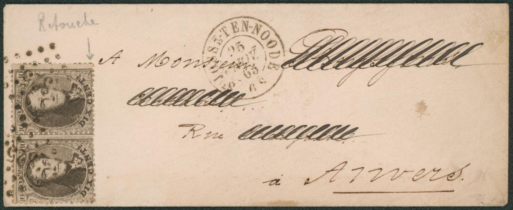 n°14 en paire + retouche sur enveloppe obl Pt 325 çàd St-Josse-Ten-Noode > Anvers