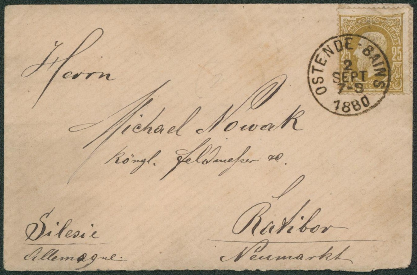 n°32 sur petite enveloppe + obl temporaire "Ostende-Bains" > Ratibor, Silesie (Allemagne)"