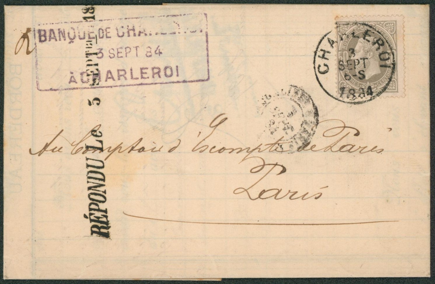n°35 sur LAC obl simple cercle "Charleroi" (Banque) > Paris. "