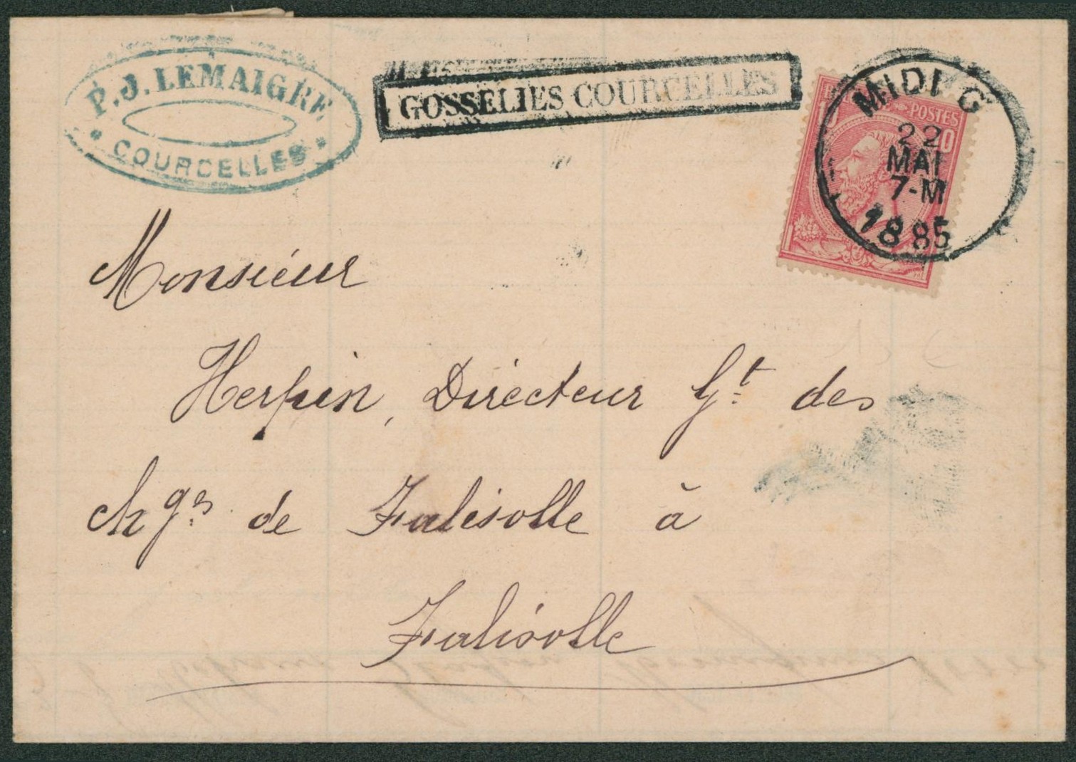 n°46 sur LAC obl ambulant "Midi 6" + griffe encadrée GOSSELIES-COURCELLES > Falisolle."