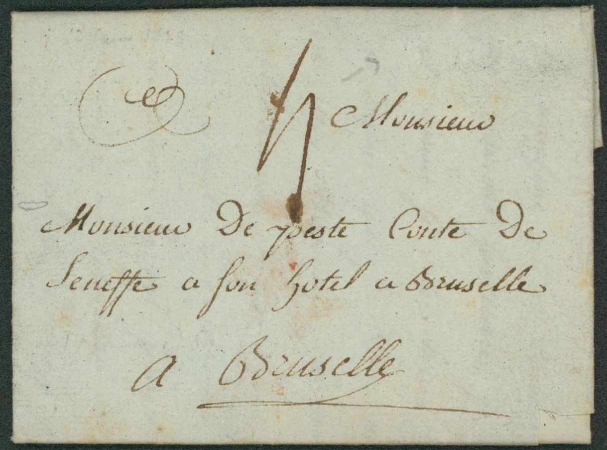 LAC + griffe en creux CHIMAY, port 4 sols > Comte de Seneffe à Bruxelles.