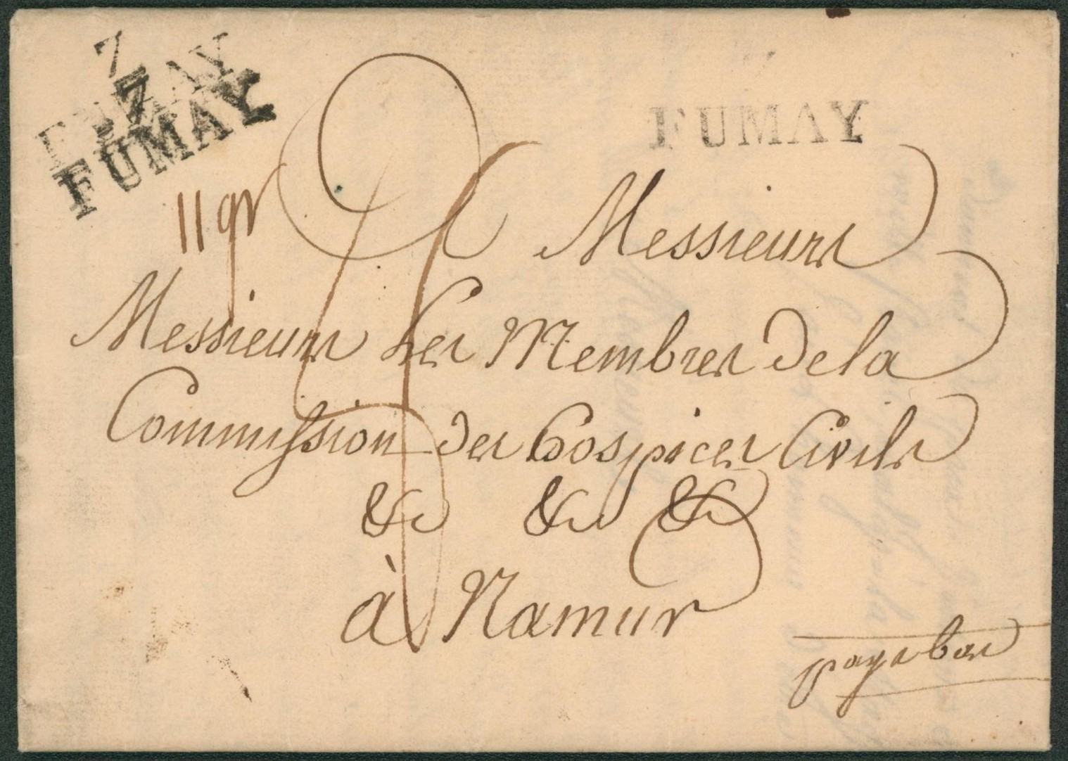 LAC datée de Oignies, postée en France çàd obl linéaire noir 7 / FUMAY (frappée 3x dont deux superposée), lettre pesante port 8 décimes > Namur, commissions des hospices civiles + griffe de passage FRANKRIJK OVER DINANT