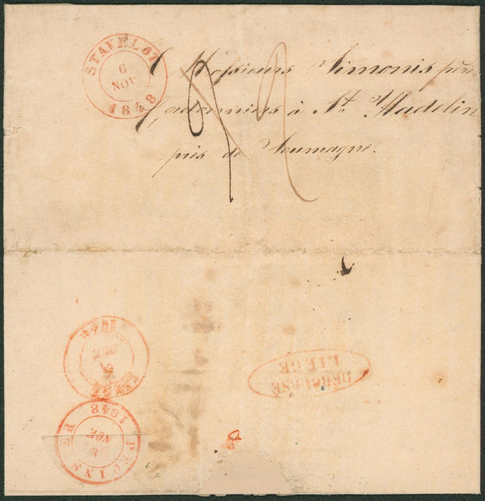 LAC datée de Stavelot + cachet dateur > St-Hadelin (Soumagne). Port rectifié + déboursé Liège