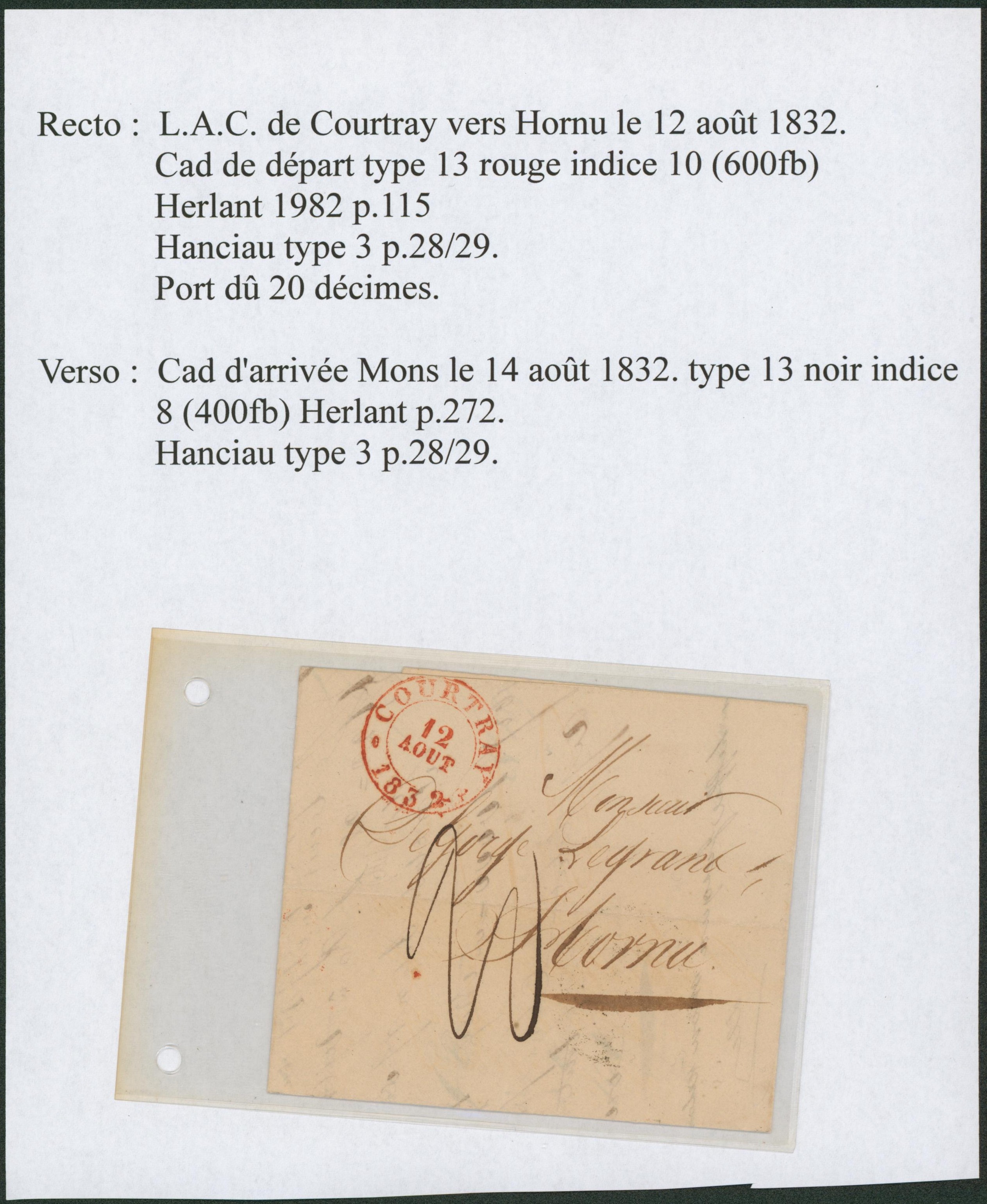 Page de collection - LAC + cachet dateur à perles T13 Courtrai, port 20 décimes > Hornu