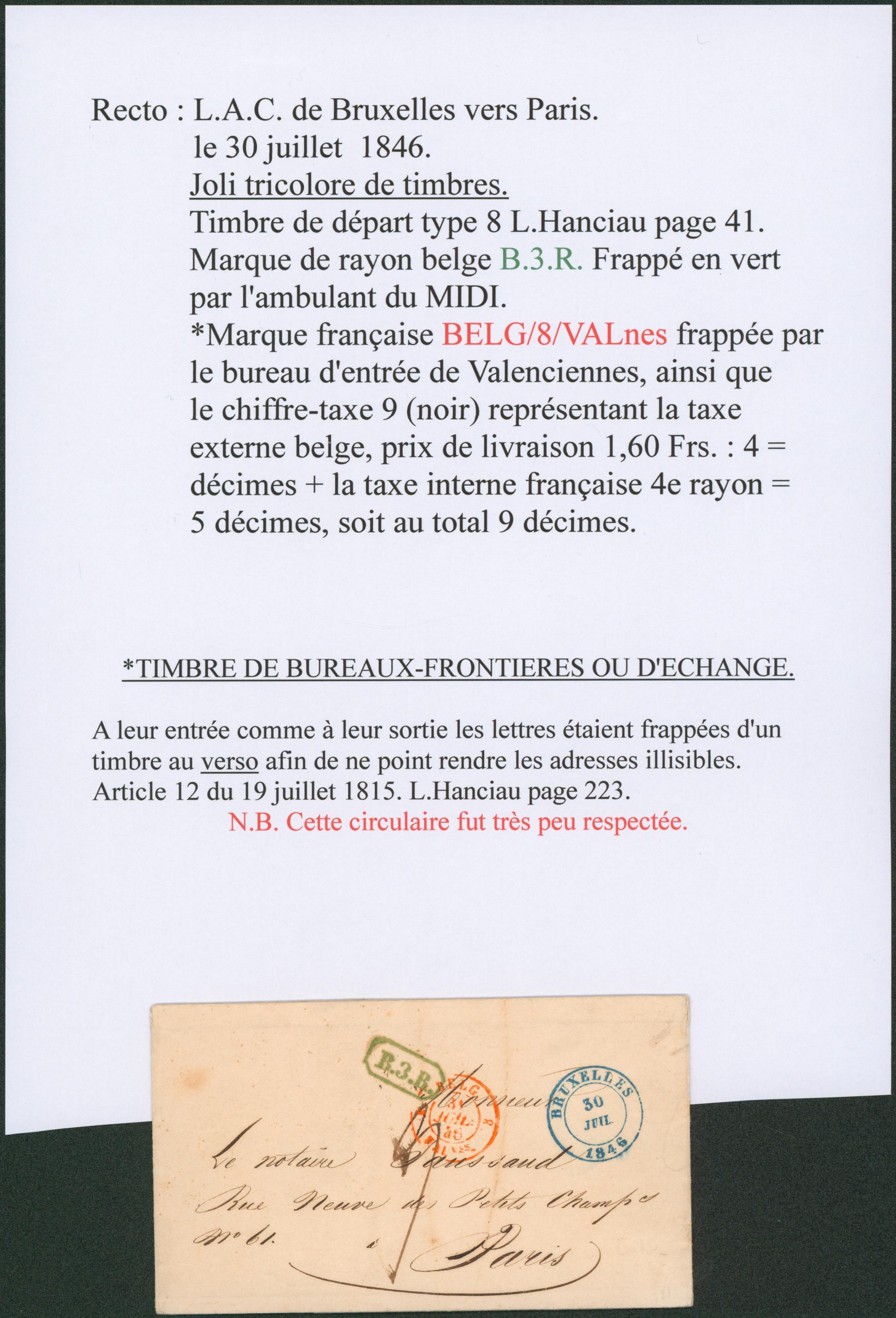 Page de collection - LAC datée de Bruxelles + cachet dateur, marque de passage et cachet de rayon "B.3.R." (Vert, Ambulant) > Paris. Ensemble de cachet tricolore, TB"