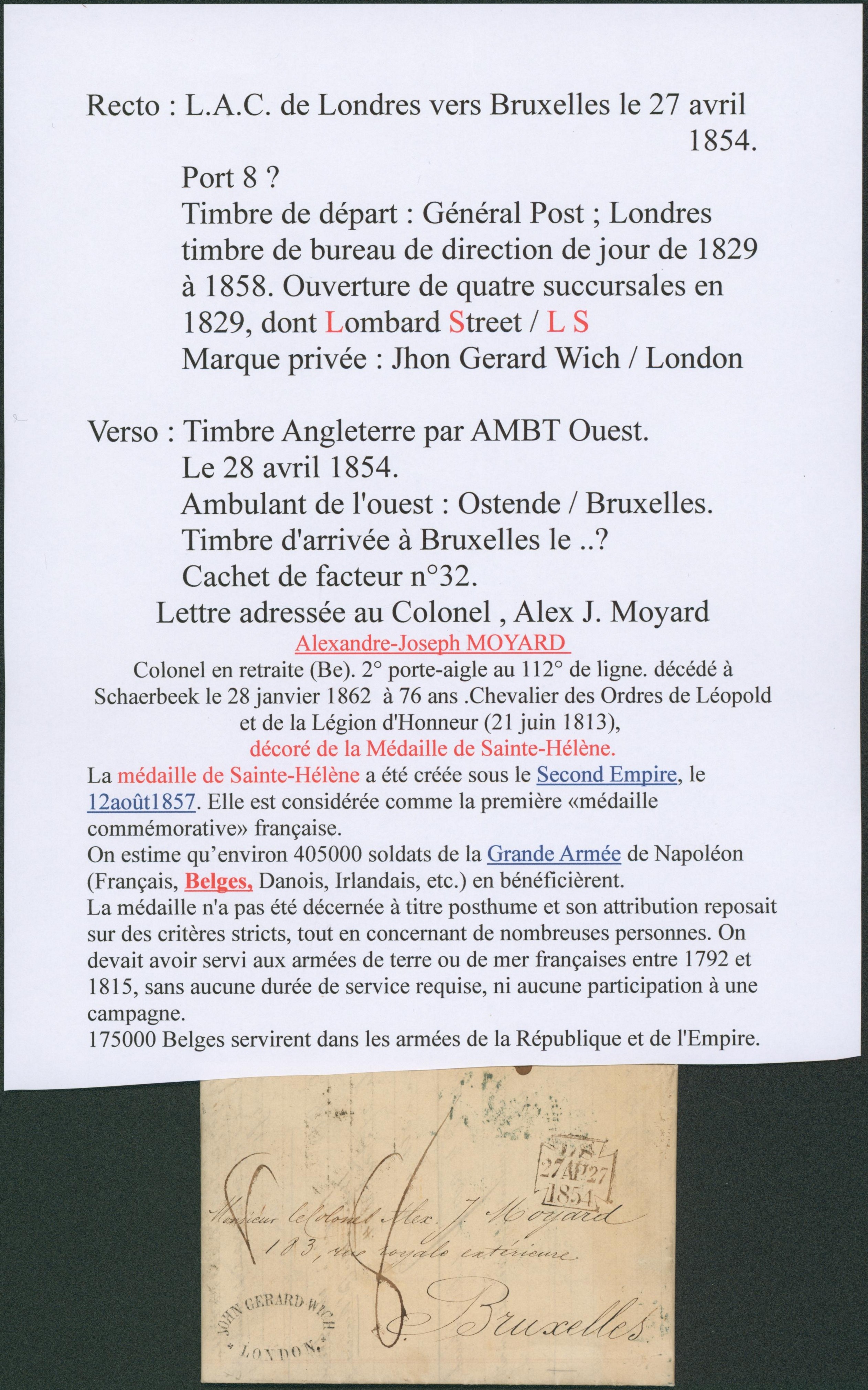 Page de collection - LAC datée de London (Londres), port "8" > Bruxelles. Verso cachet de passage "Angleterre par Ambt Ouest 1""