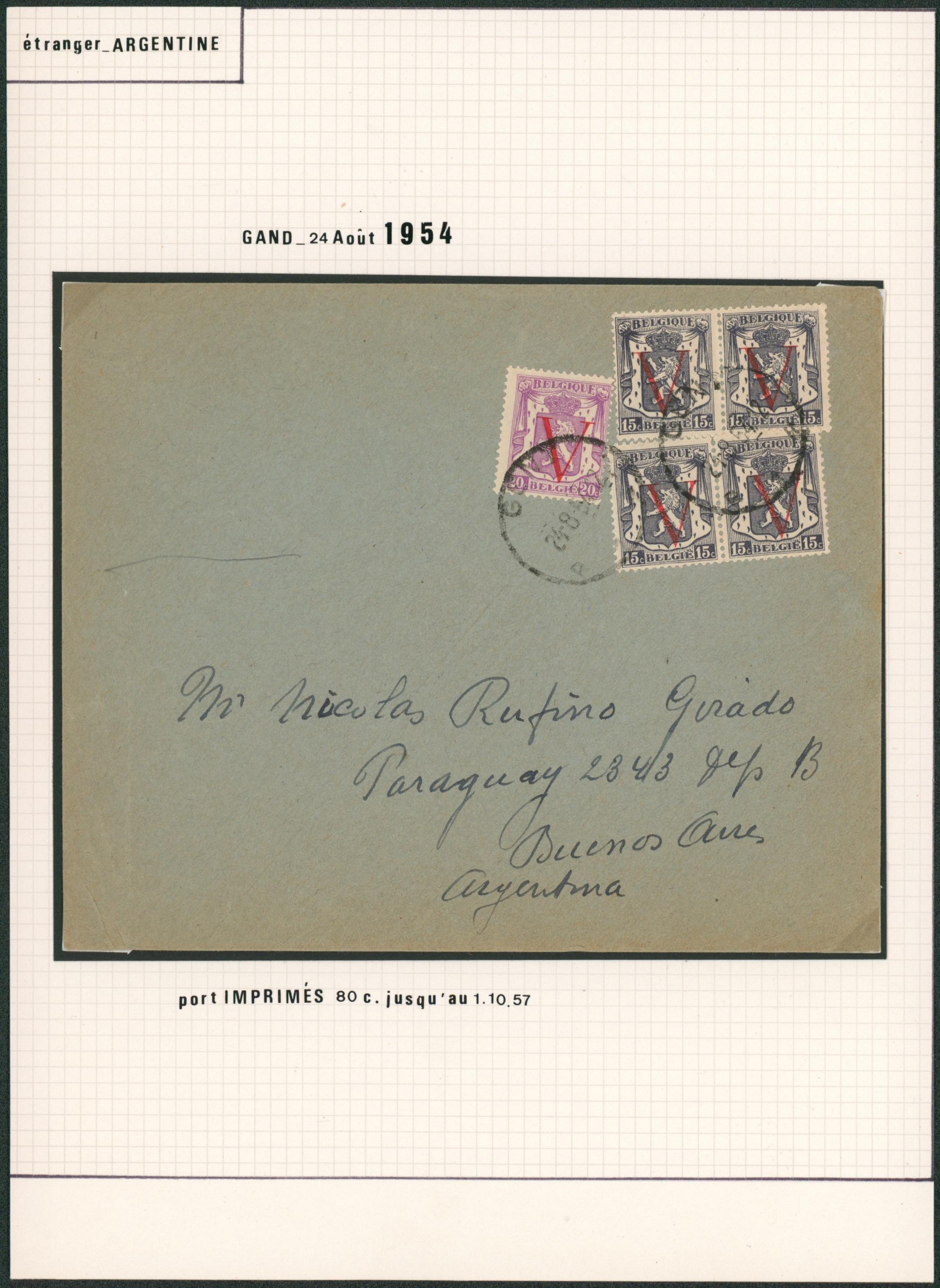 Page de collection - petit sceau de l'état type V, affranchissement à 80ctm port imprimé de Gand > Buenos Aires (Argentine).