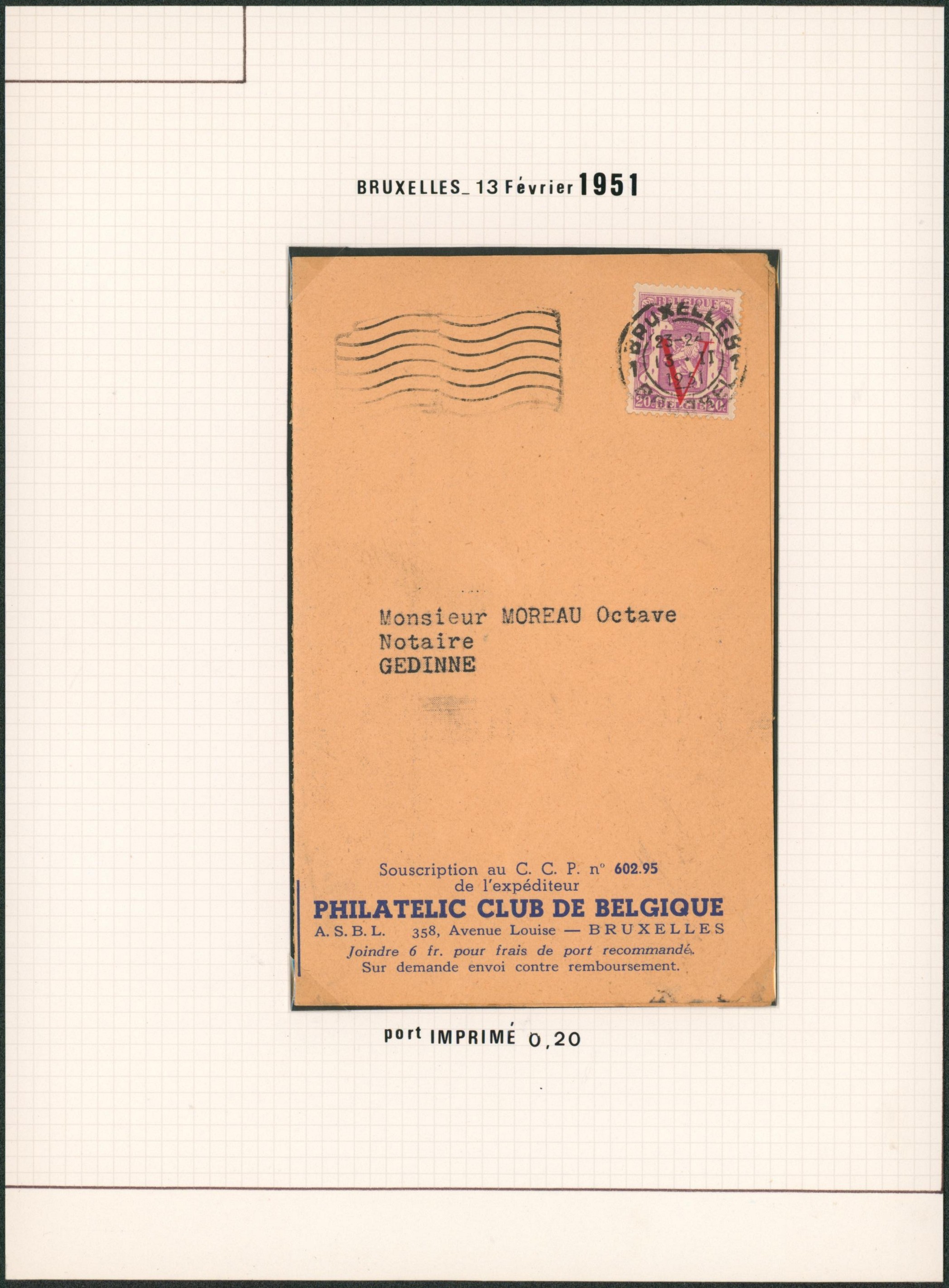 Page de collection - petit sceau de l'état type V, affranchissement à 20ctm port imprimé de Bruxelles > Gedinne