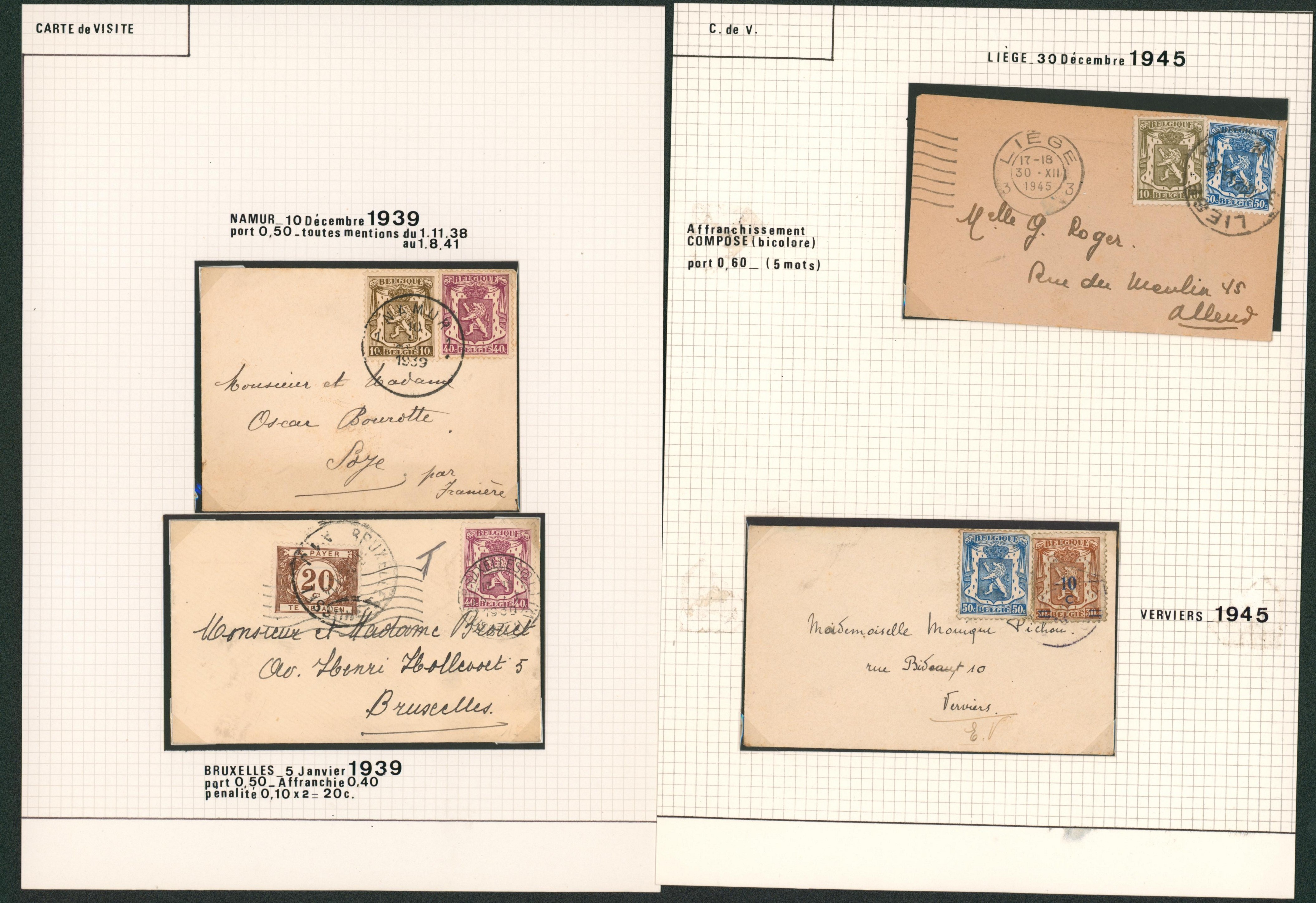 Page de collection - petit sceau de l'état type, ensemble de 4 enveloppes format carte de visite tarif différent dont une taxée