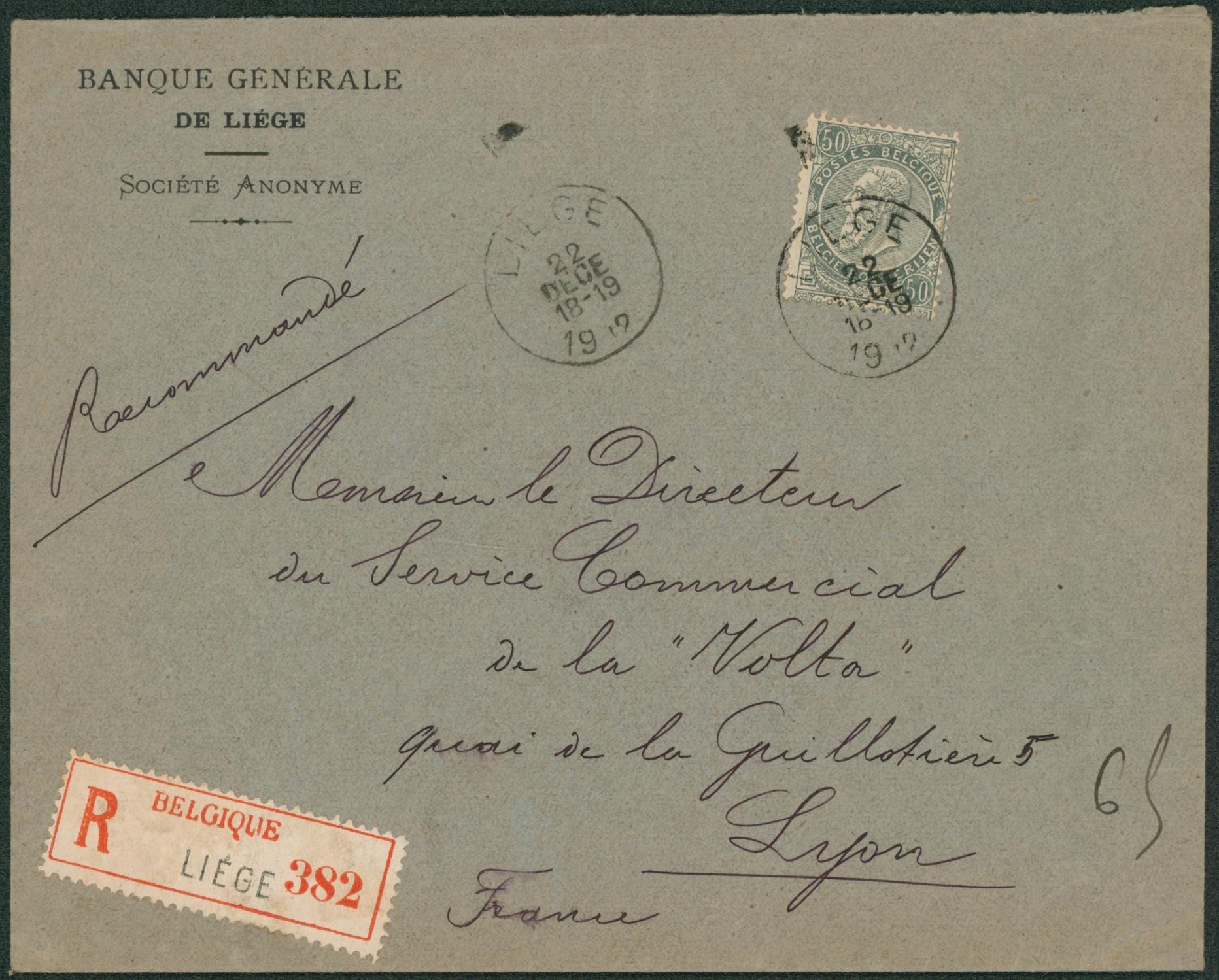 n°63 sur lettre en recommandé de Liège > Lyon / Cachet de cire, banque