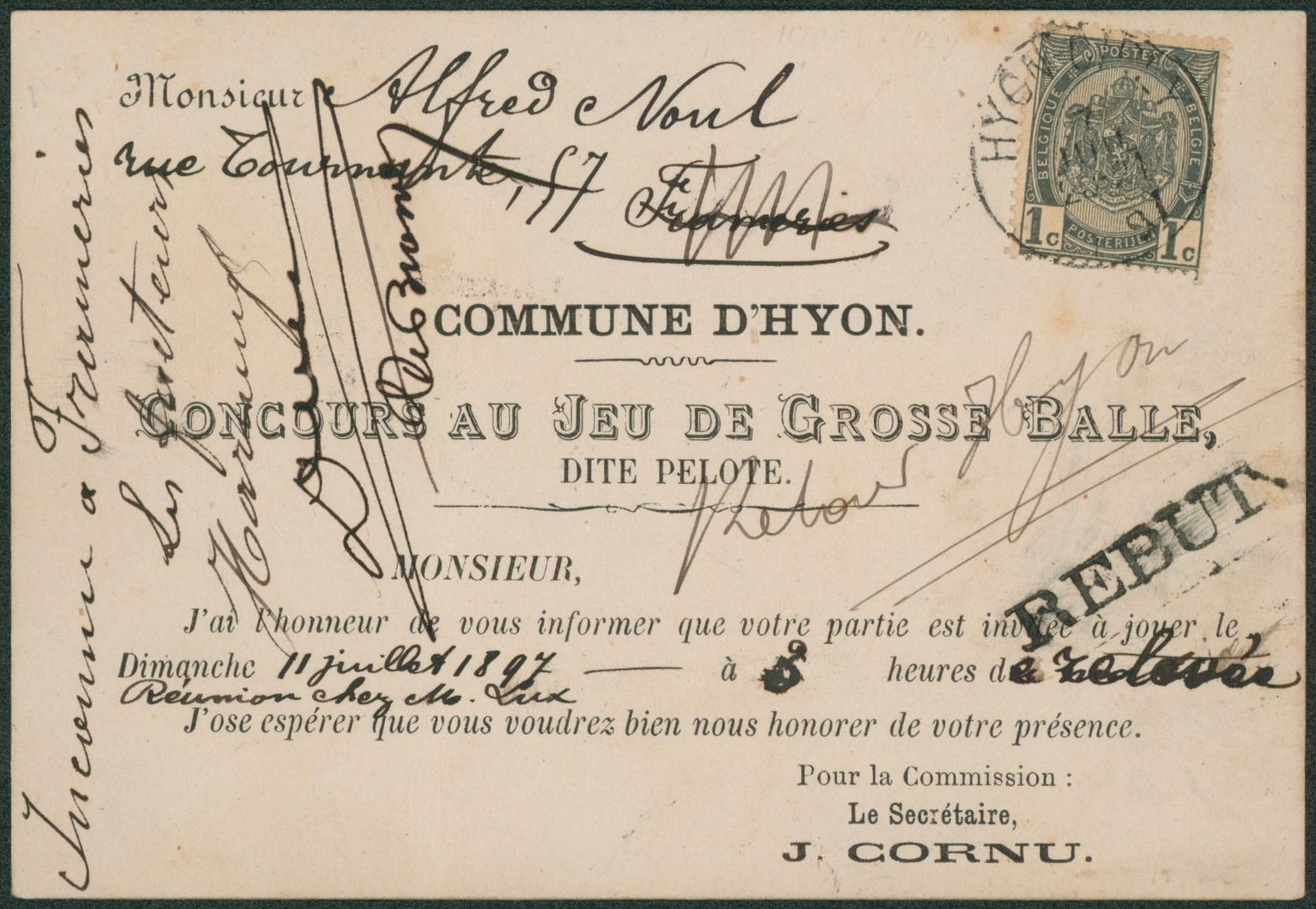 n°53 sur imprimé "concours au jeu de grosse balle dite balle pelote" de Hyon-ciply > Frameries. Rebut"