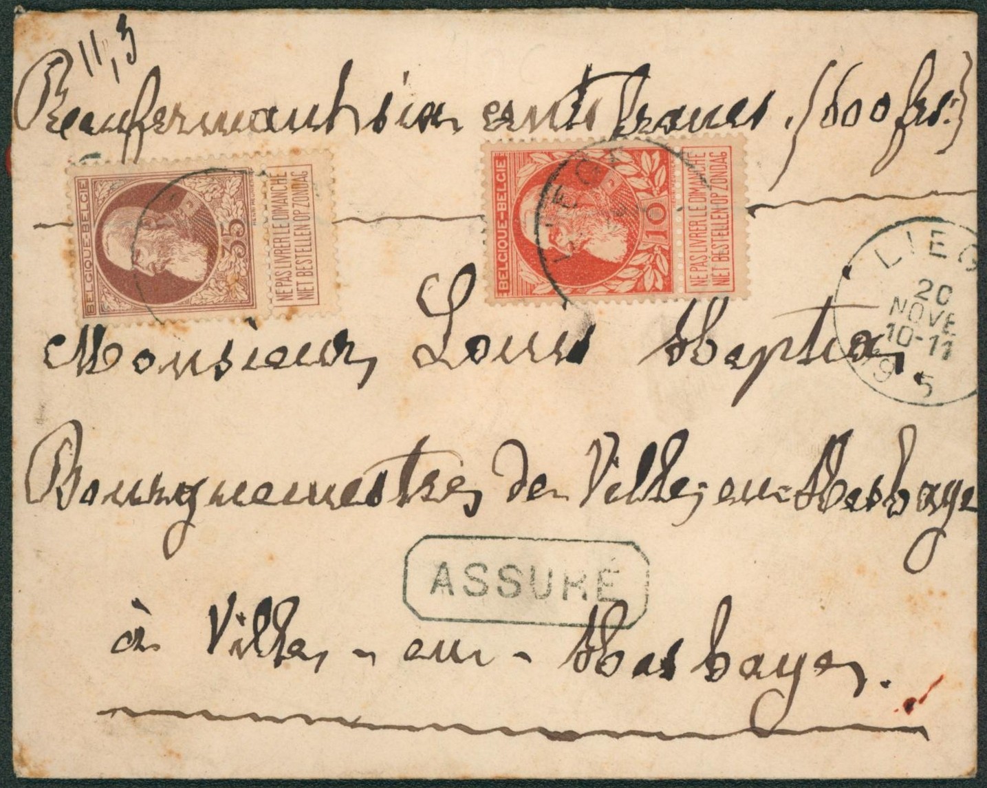 n°74 et 77 sur lettre assuré (600 Frs) de Liège > Villers au hesbay (Avennes)
