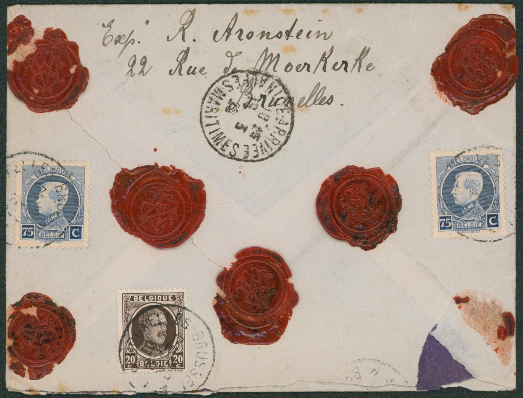 n°196 et 213 x2 sur lettre assuré (60 Frs) de Bruxelles > Nice (France)