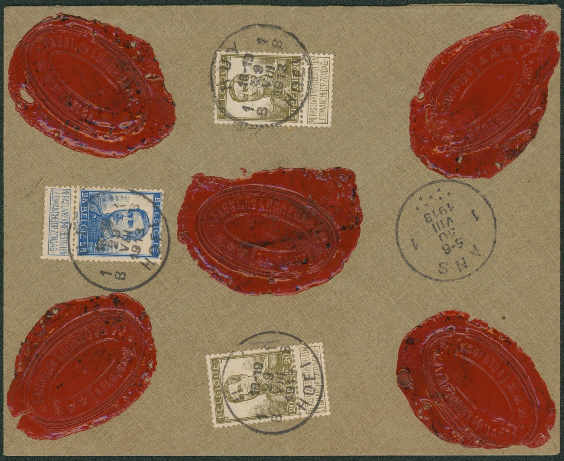 Pellens - n°112 x2 et 120 au verso d'une lettre assurée de Huy (1913, 3000 Frs)> Ans-lez-Liège. Cachet de cire