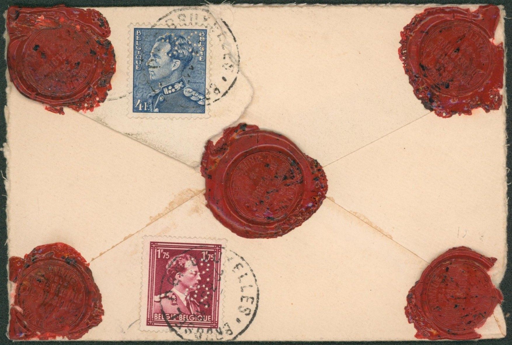 Affranch. Mixte (Col ouvert / Poortman perforés !) au verso d'une lettre assurée de Bruxelles > Amsterdam (Hollande)