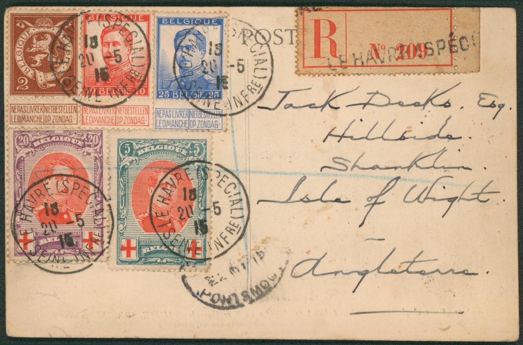 n°109, 123, 125, 132 et 134 sur CP en recommandé de Le havre spécial > isle of wight (Angleterre)