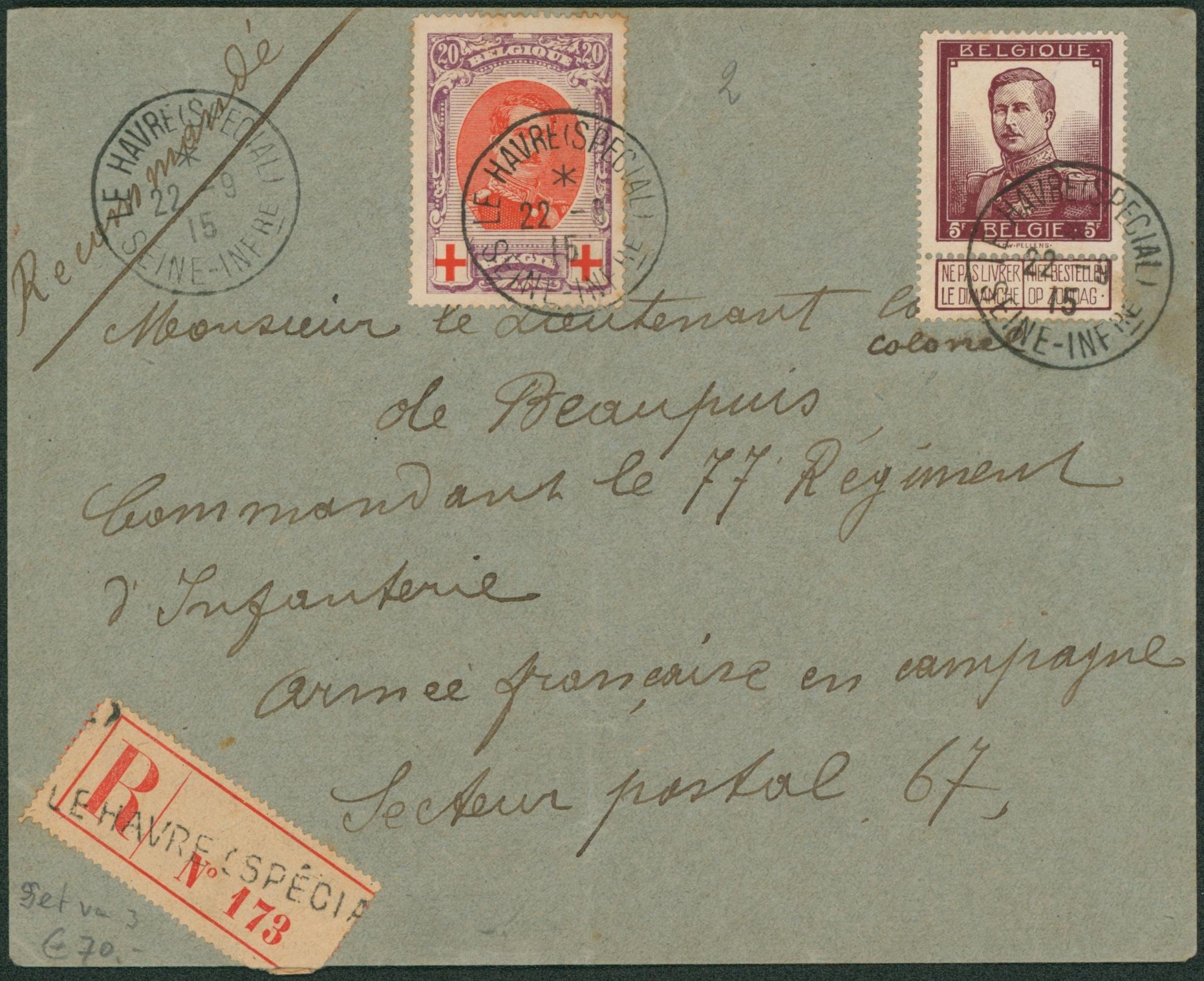 n°122 et 134 sur lettre en recommandé de Le havre spécial > Armée française en campagne, secteur postal 67