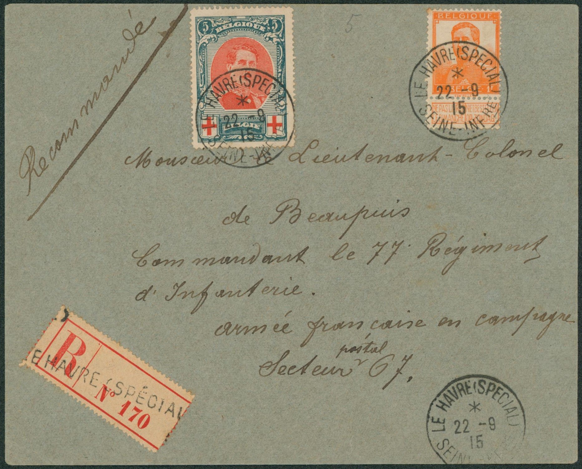 n°116 et 135 sur lettre en recommandé de Le havre spécial > armée française en campagne, secteur postal 67
