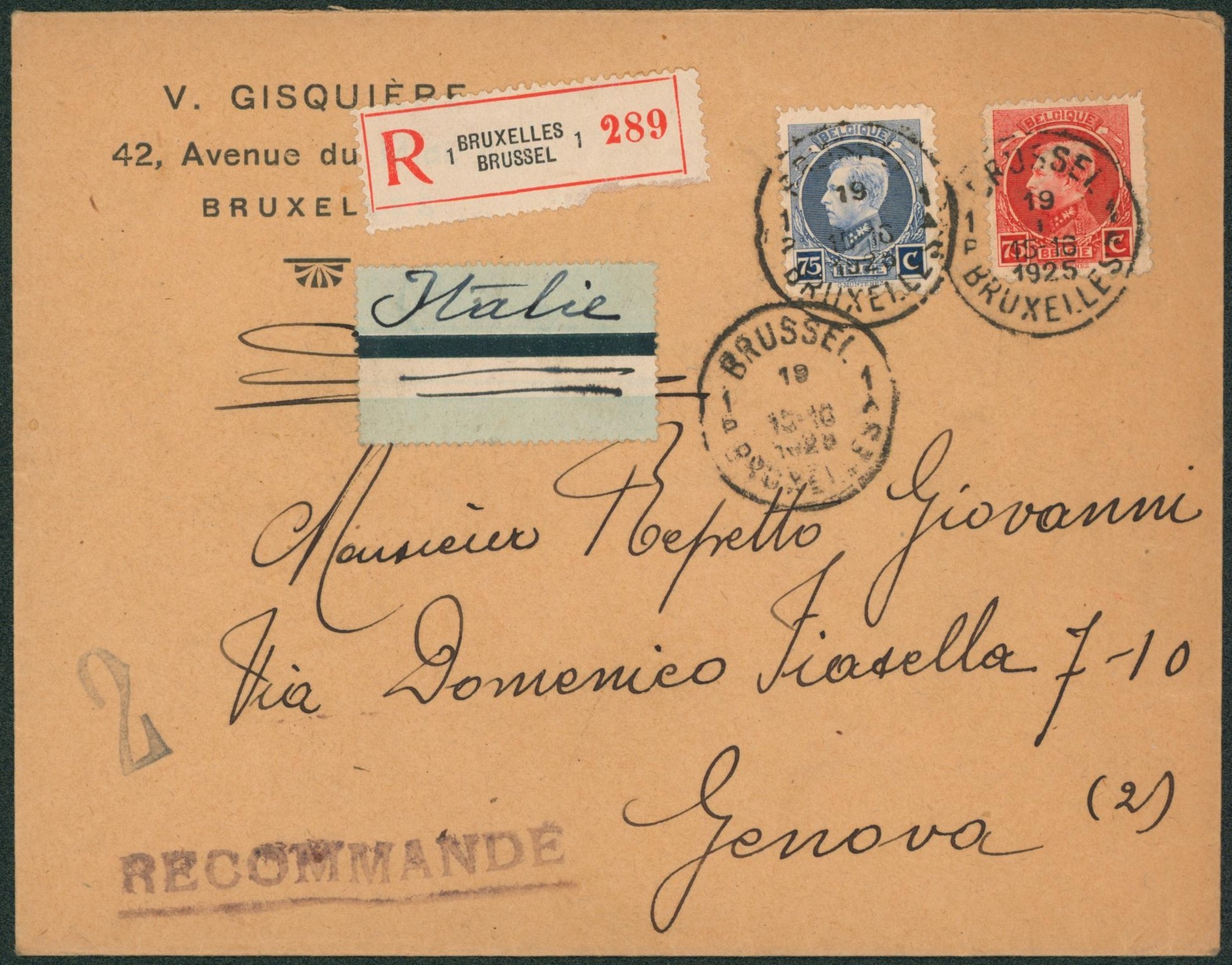Petit montenez - n°212/13 sur lettre en recommandé de Bruxelles > Genova (Italie). Verso vignette Exposition internationnale de timbre-poste. 