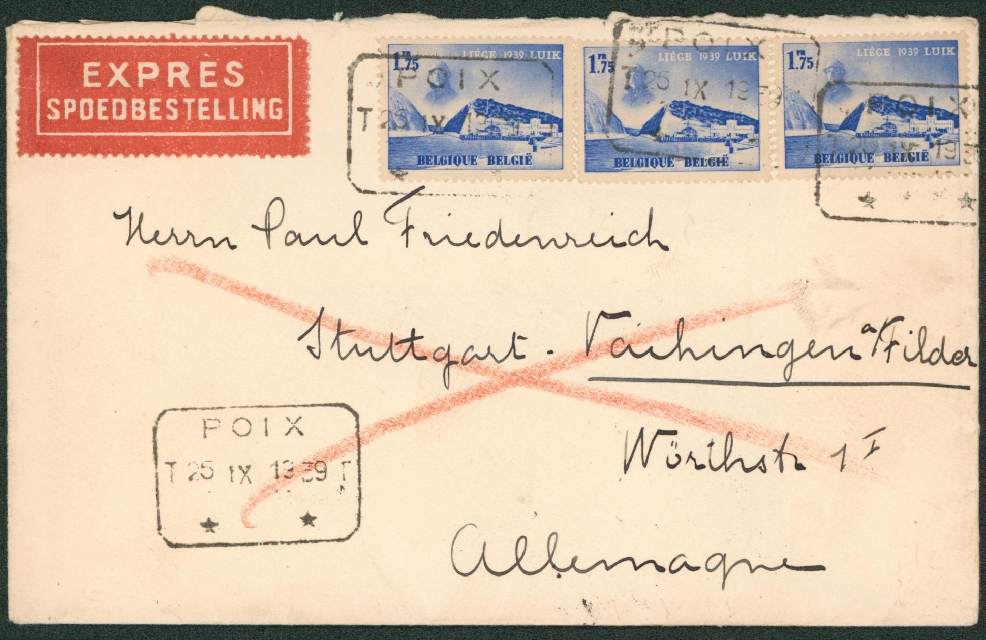 n°487 x3 sur lettre en expres obl télégraphe-téléphone "Poix" > Stuttgart (Allemagne)"