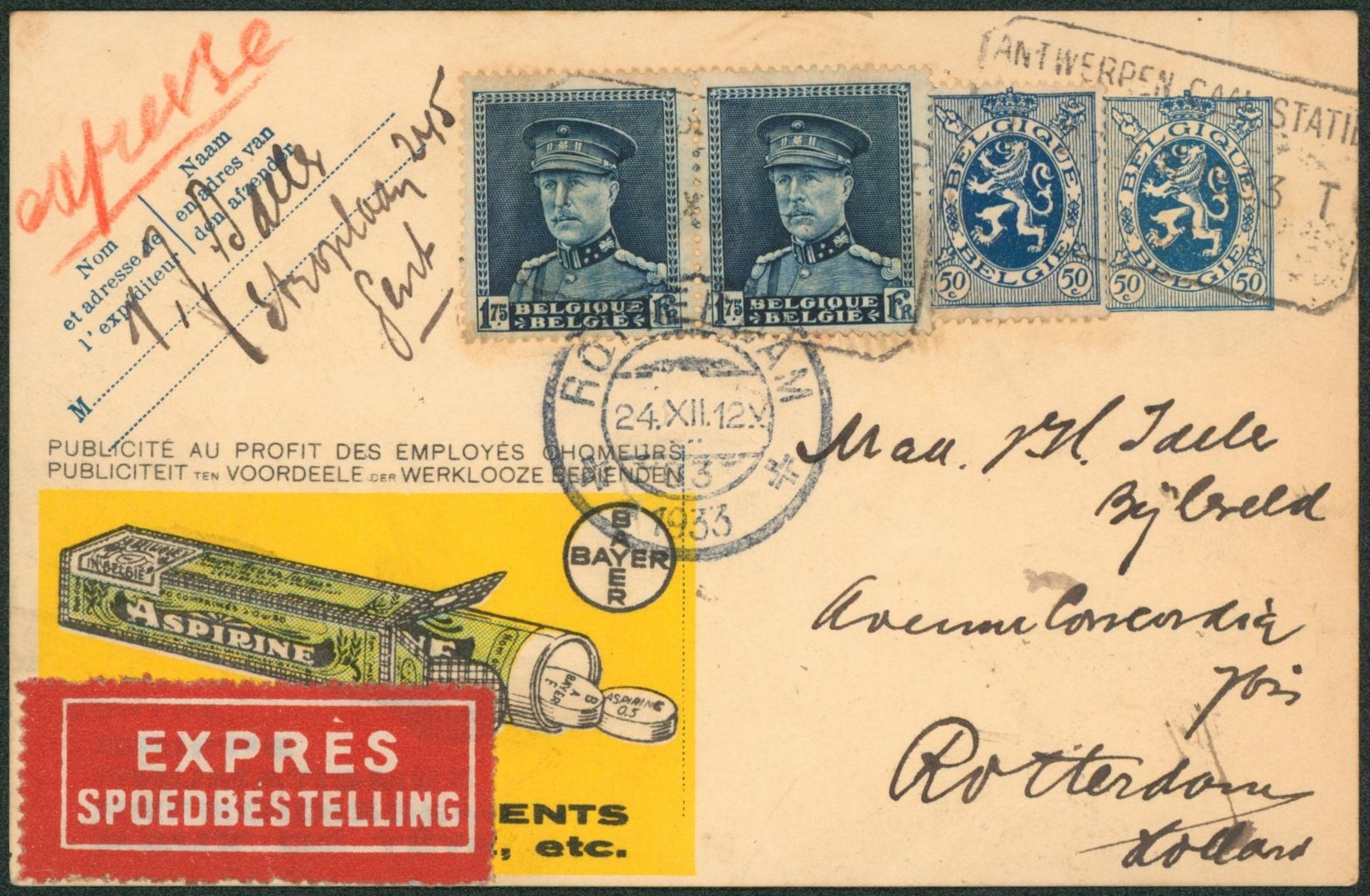 Publibel (numéro masqué par étiquette) + Affranch. Complémentaire en expres obl télégraphe-téléphone "Antwerpen Caal statie" > Rotterdam (Pays-Bas)"
