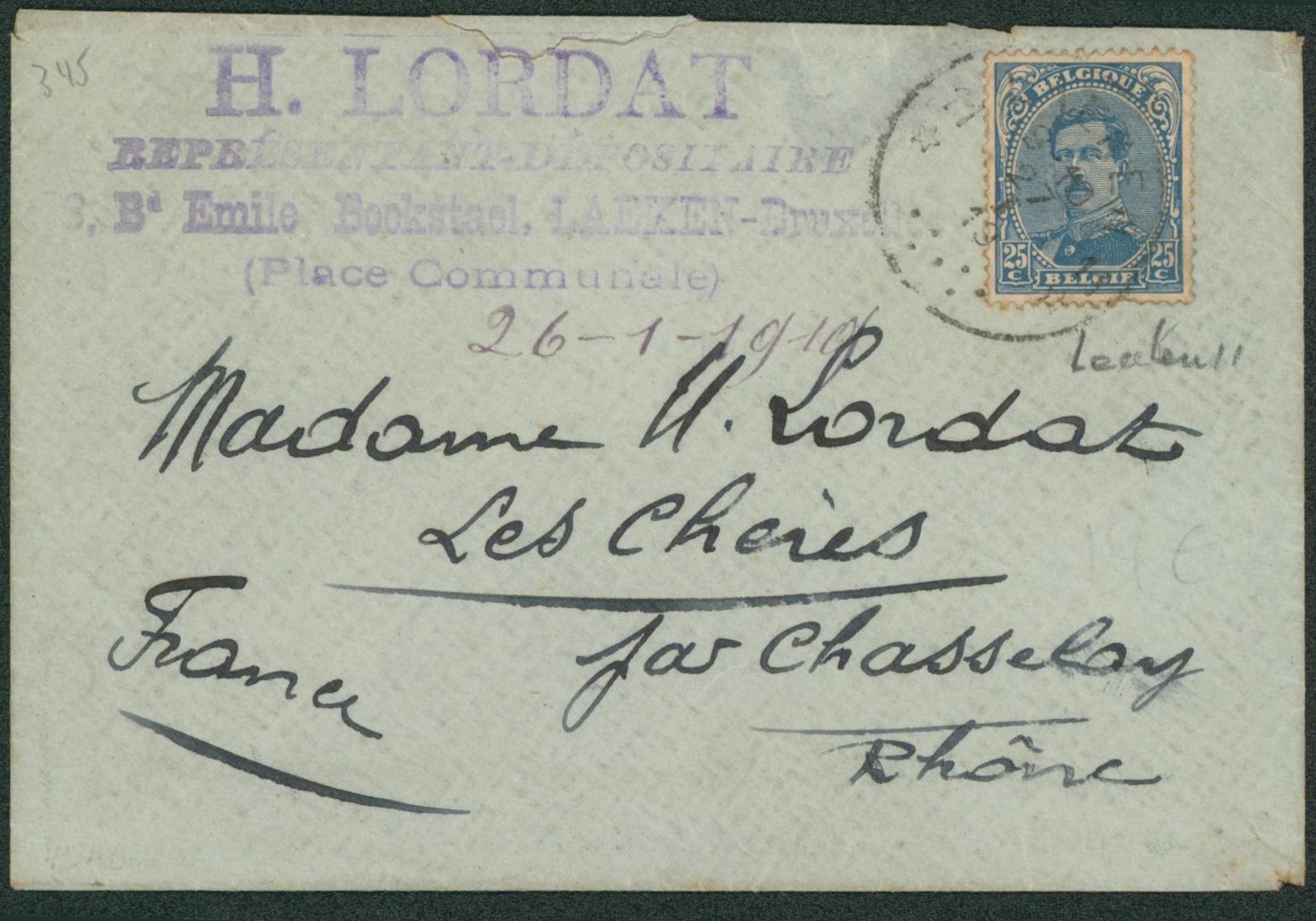 Albert I - n°141 sur petite lettre obl agence de fortune "Laeken 11" > Les chères par chasselay (France)"