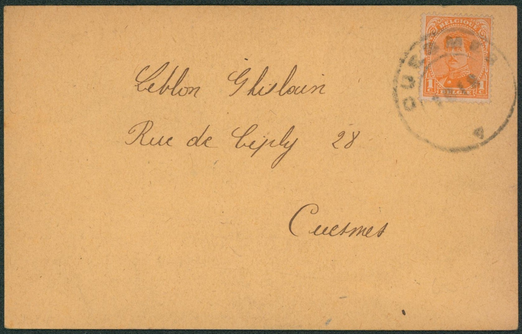 Albert I - n°135 sur imprimé + cachet de fortune type DC CUESMES 1919 > Cuesmes 