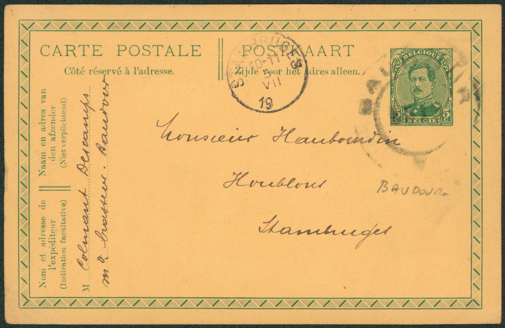 EP au type Albert I 5ctm vert + cachet de fortune type DC BAUDOUR > Stambruges