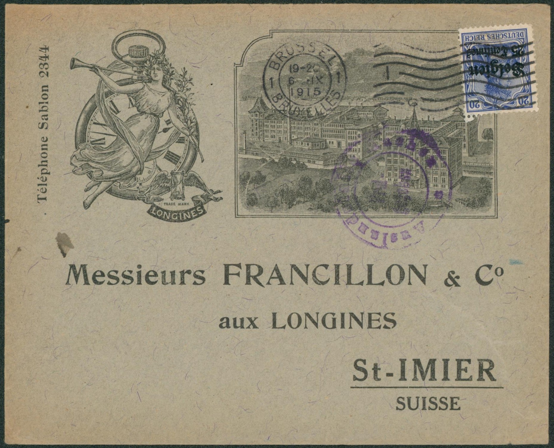 OC4 sur lettre illustrée (Longines, montre à gousset) de Bruxelles > St-Imier (Suisse). 