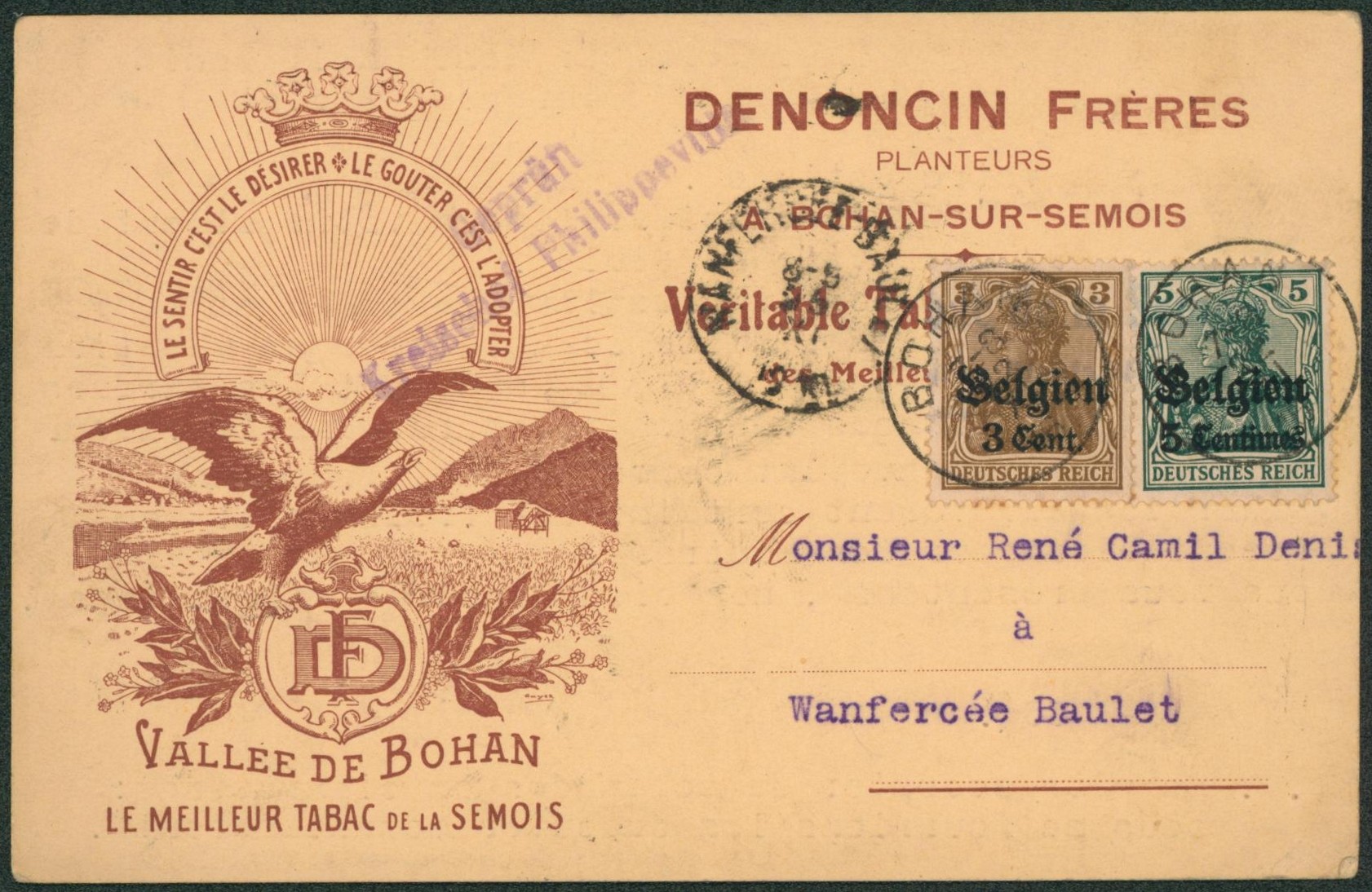 OC2 et OC11 sur CP imprimée (Denoncin, planteurs, tabac de la semois) de Bohan > Wanfercée-Baulet