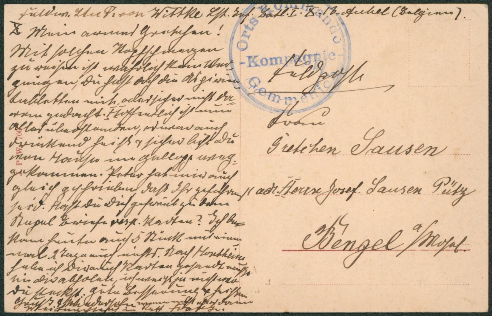 CP vue (Aubel, non datée) + cachet feldpost ORTS KOMMANDANDO / KOMPAGNIE / GEMMENICH > Bengel (Allemagne)