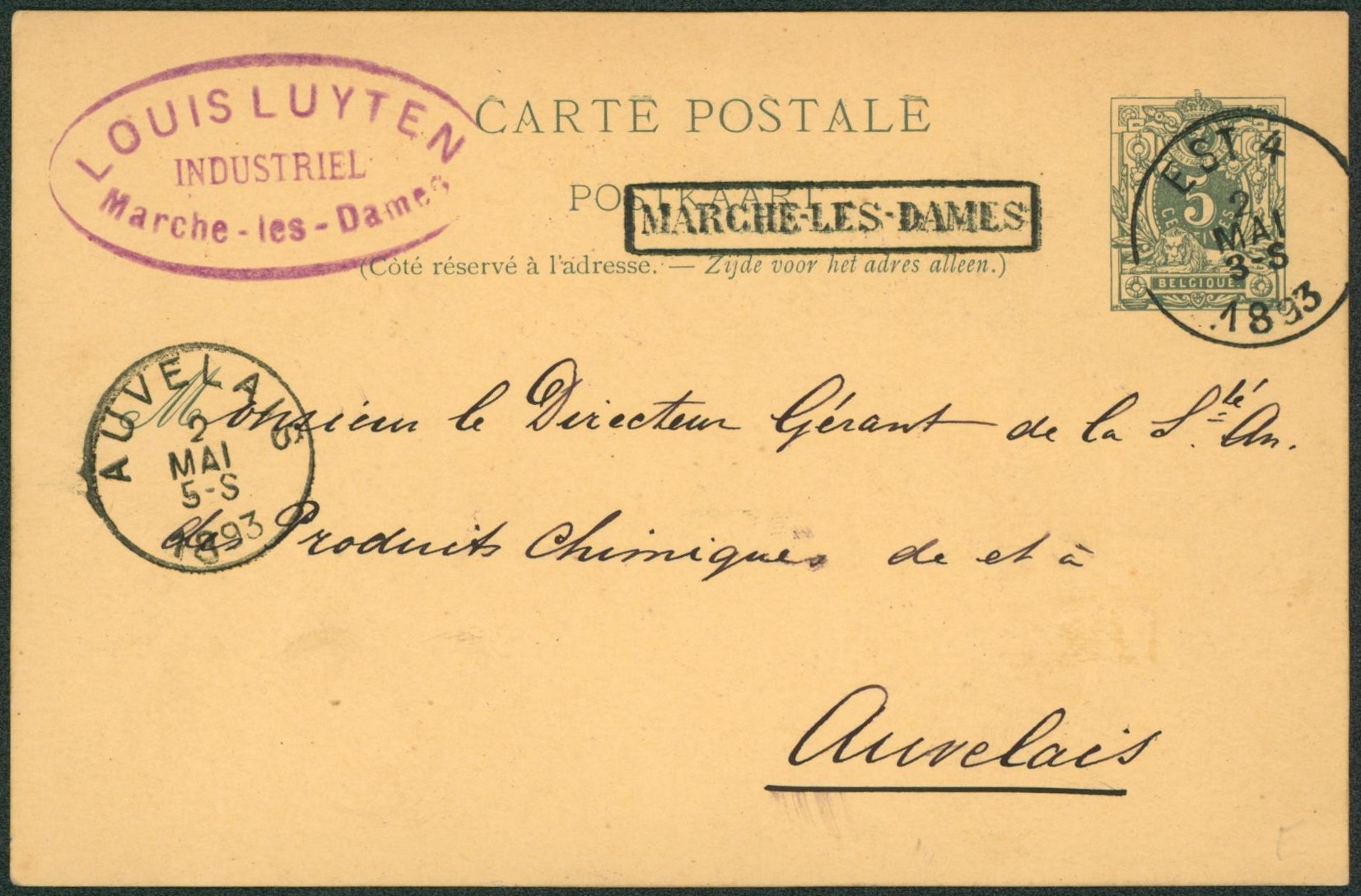 EP au type 5ctm vert obl ambulant "Est 4" + griffe encadrée MARCHE LES DAMES > Auvelais. TB "