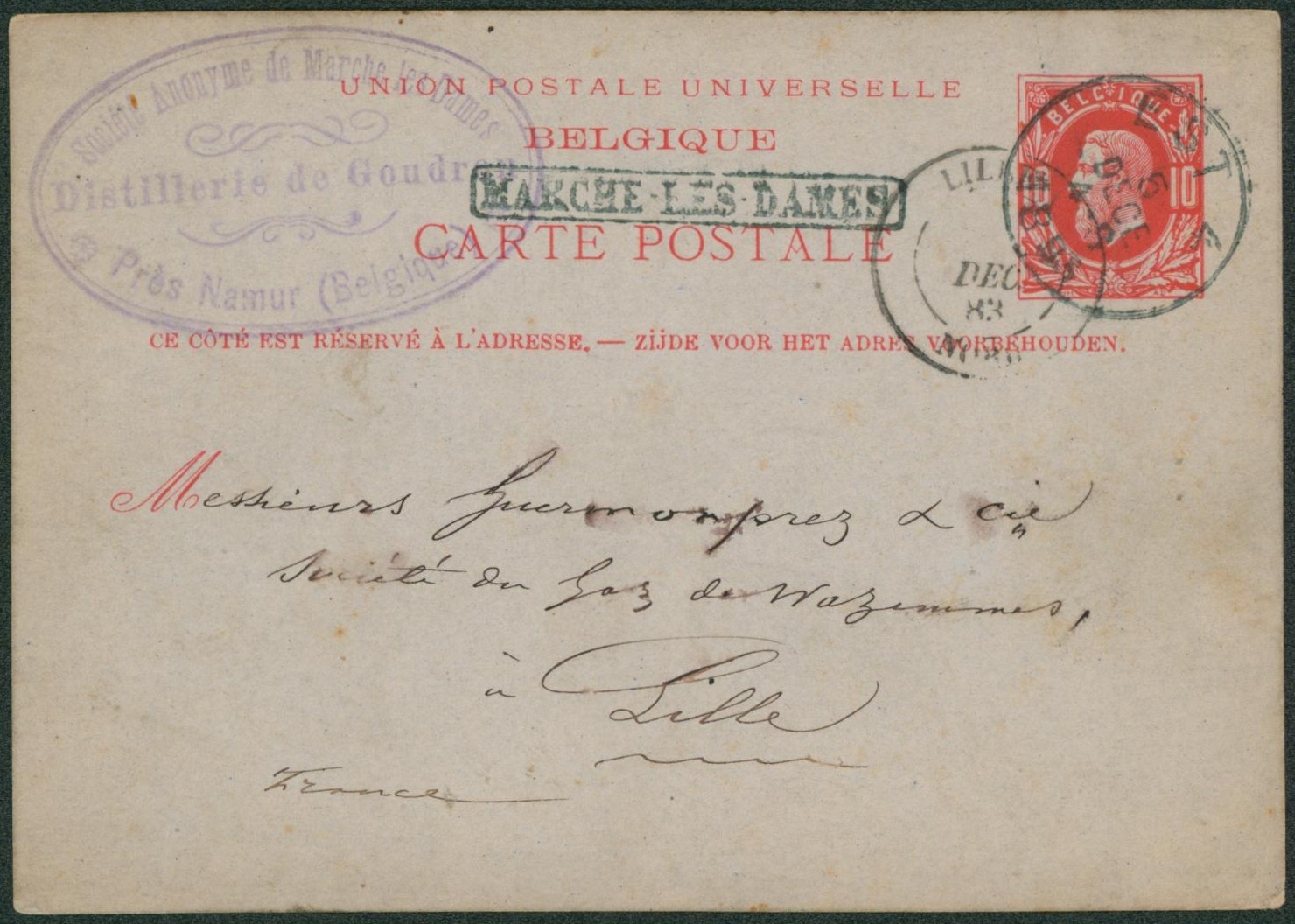 EP au type 10ctm rouge obl ambulant "Est 4" + griffe encadrée MARCHE LES DAMES > Lille / Distillerie de Goudron près de Namur"