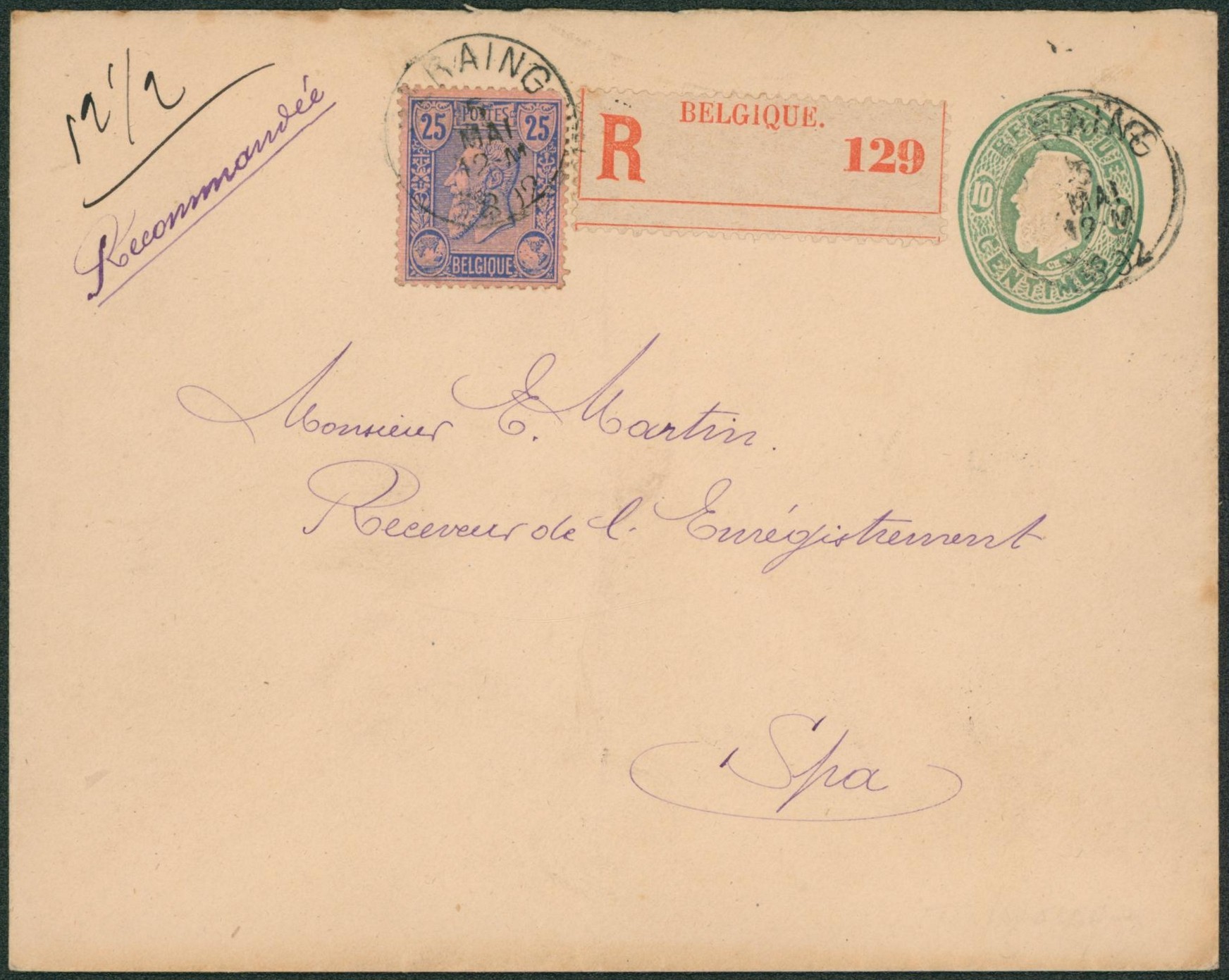 EP au type Env. 10ctm vert + n°47 en recommandé (étiquette non utilisée) de Seraing > Spa