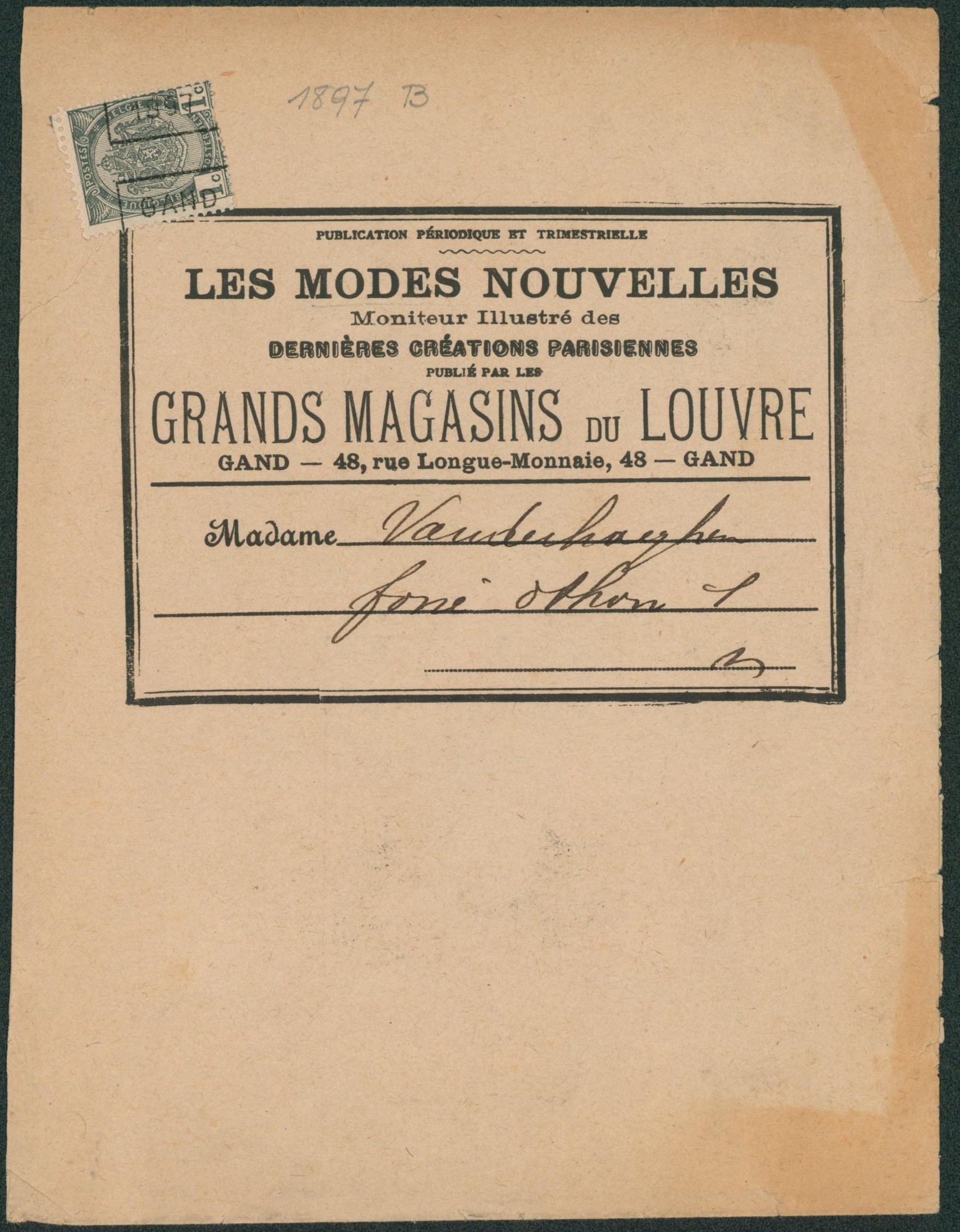 n°53 + préo GAND 1897 (pos. B) sur grand imprimé complet (Les modes nouvelles) > La ville. 