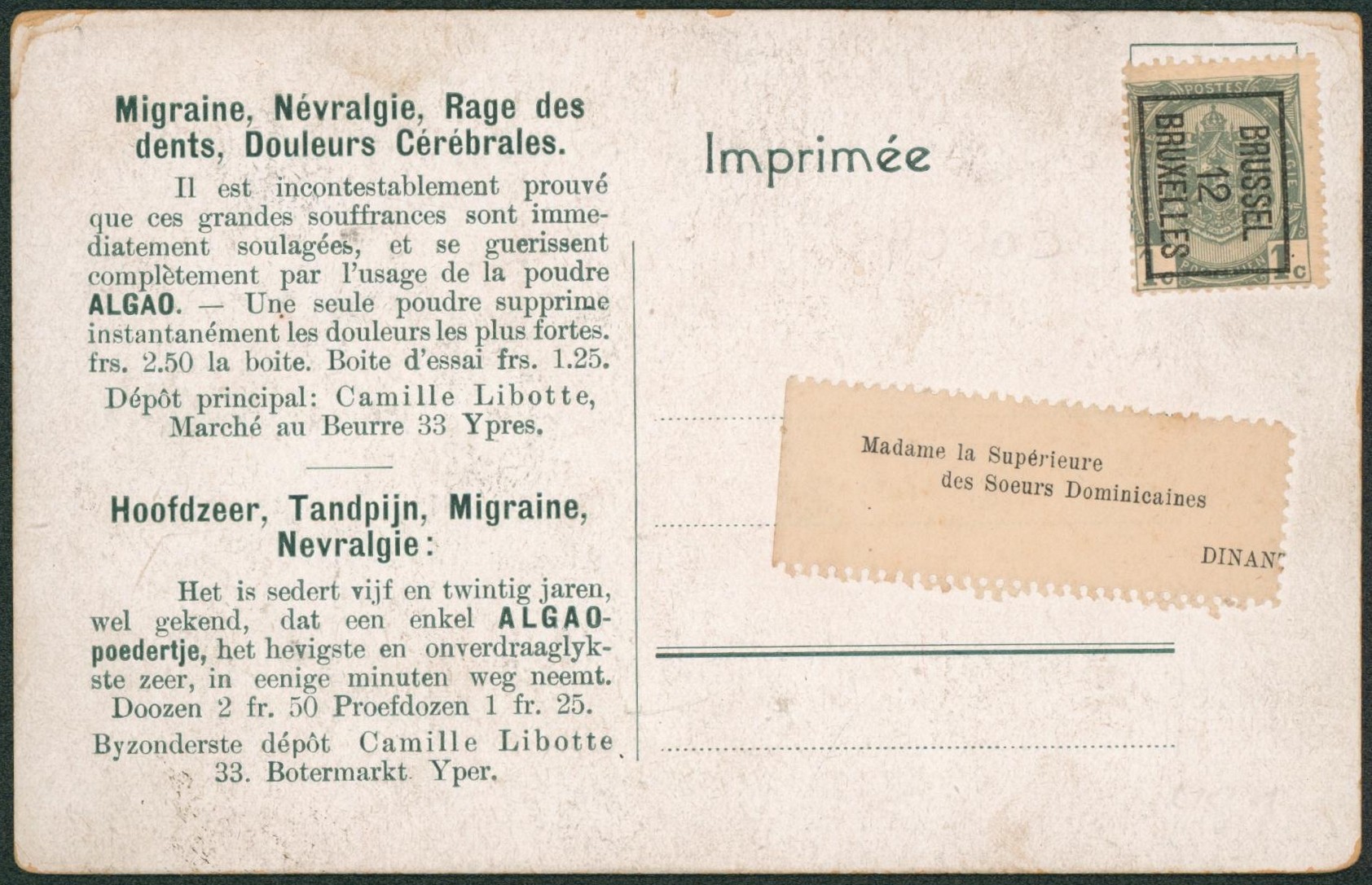 n°81 typo BRUSSEL 12 BRUXELLES sur CP imprimée (Thématique santé, ALGAO) > Dinant. 