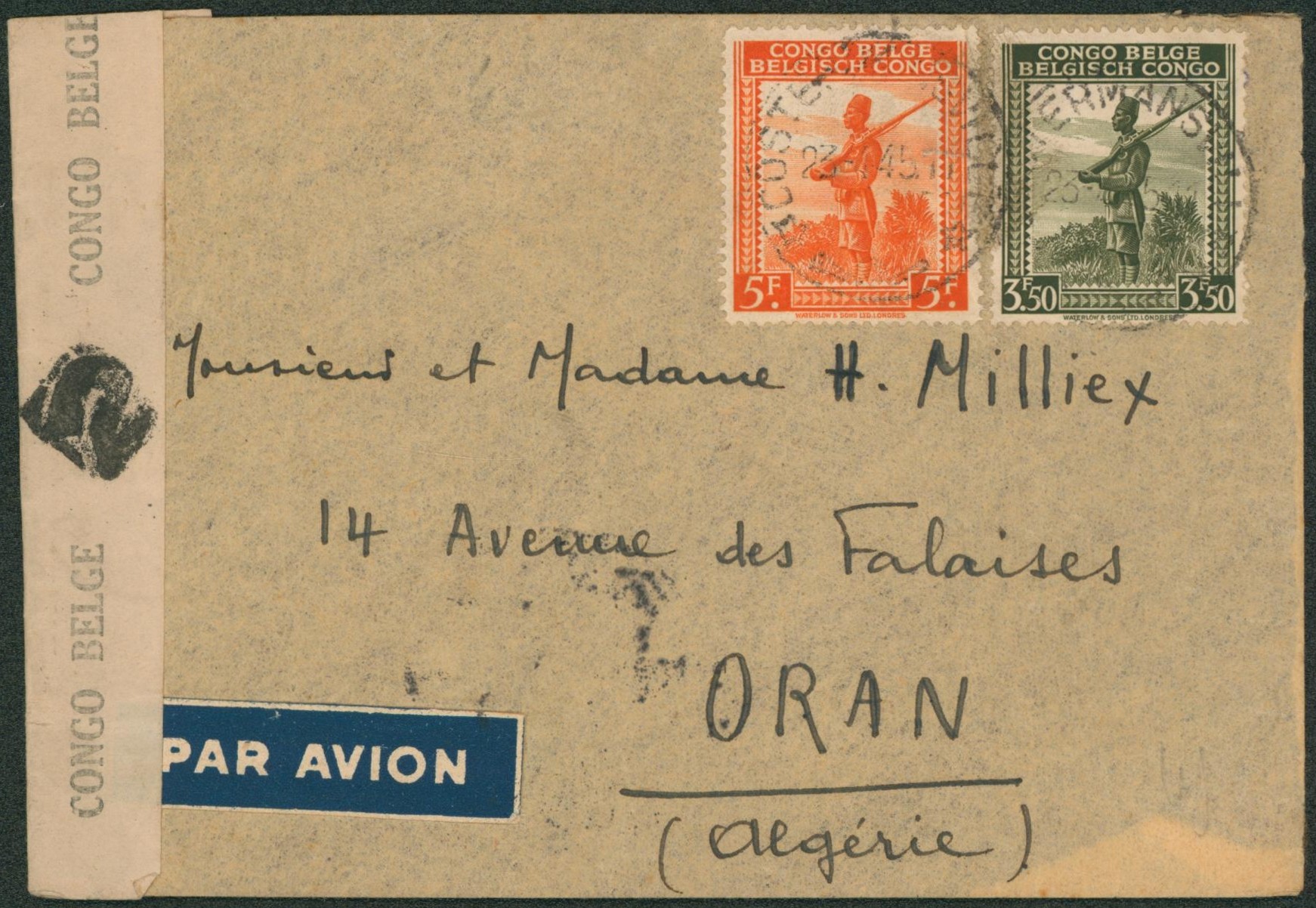 Congo Belge - n°262/63 sur lettre par avion de Costermansville + bandelette de censure > Oran (Algérie)