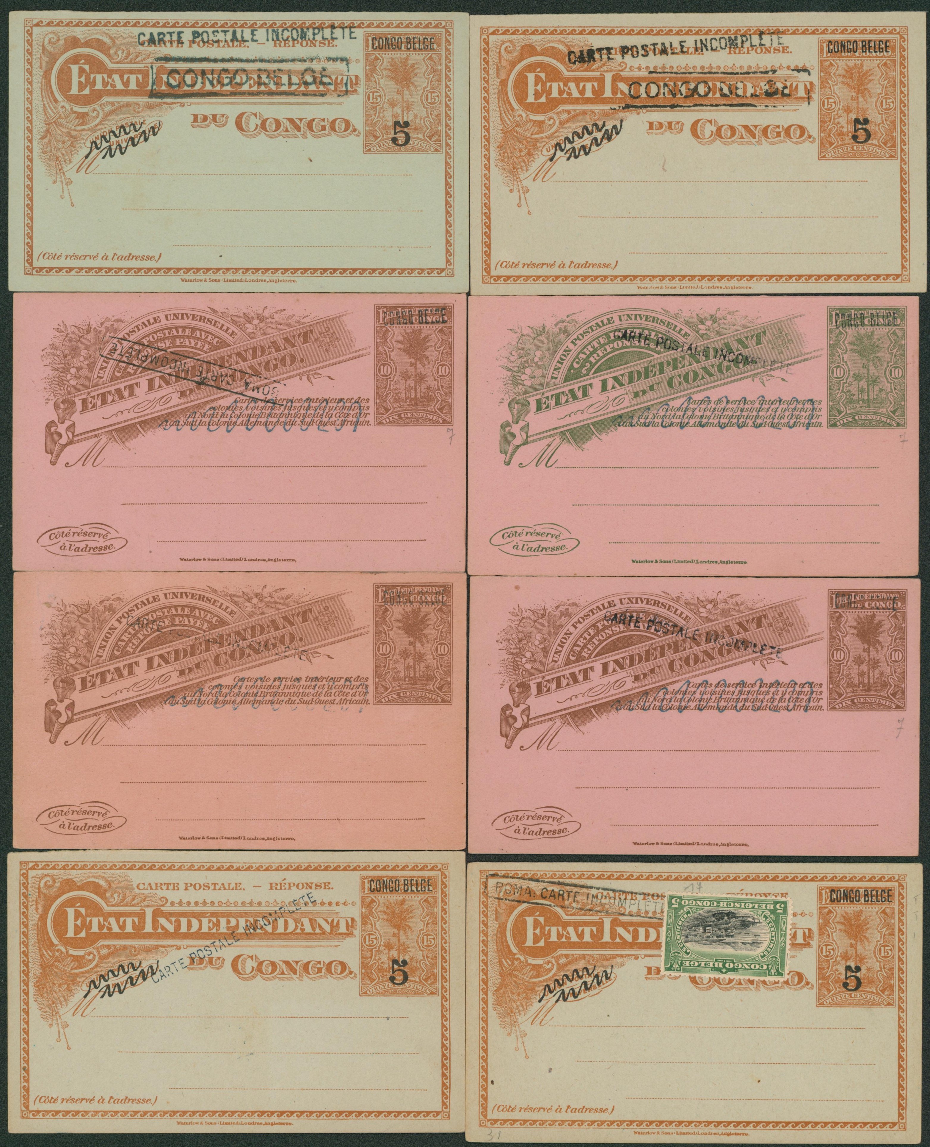 Congo Belge - ensemble de 11 entier neuf avec griffe CARTE POSTALE INCOMPLETE. Pour étude de type, nuance,? Bel ensemble. 