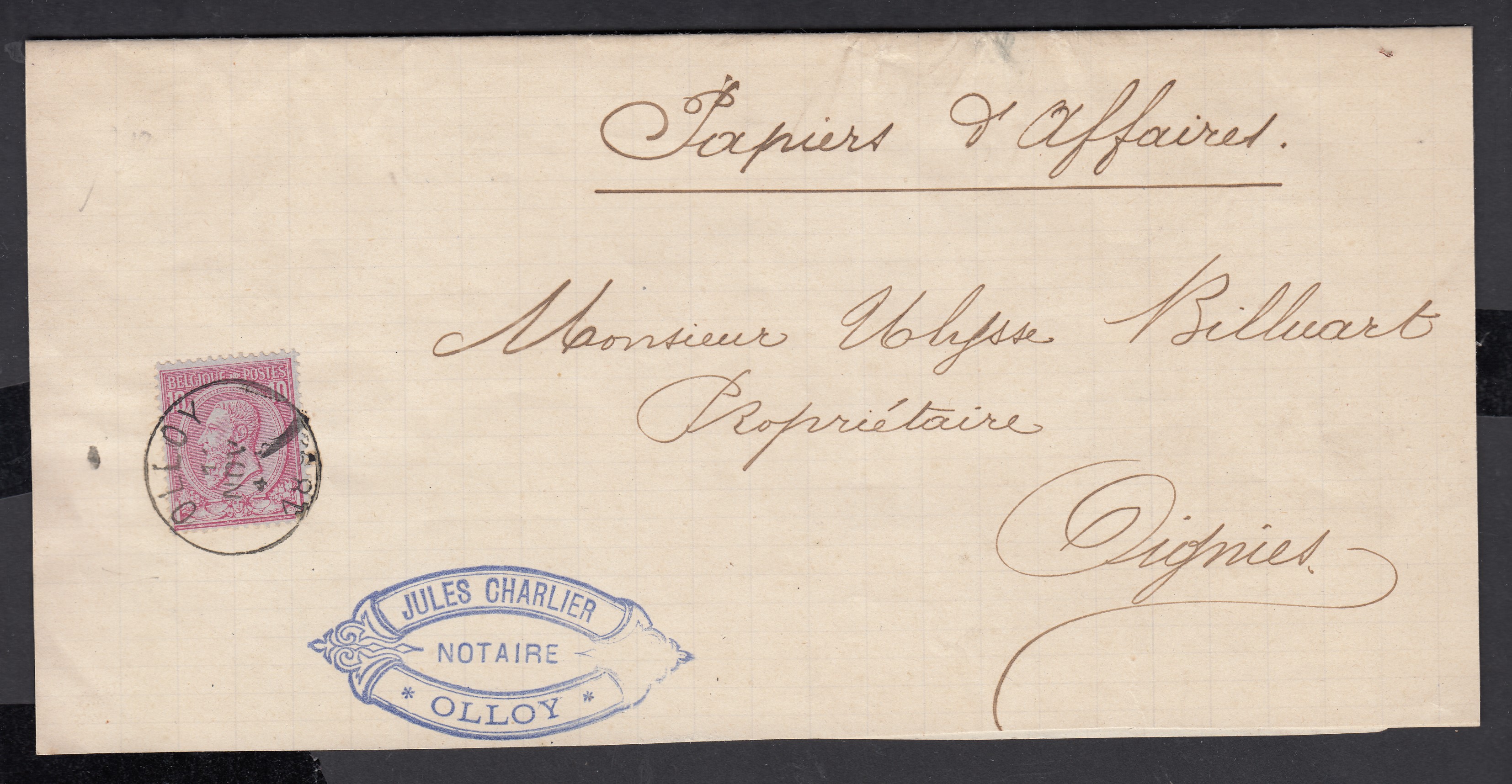n°46 sur manchon à entête notariale, de Olloy vers Oignies.