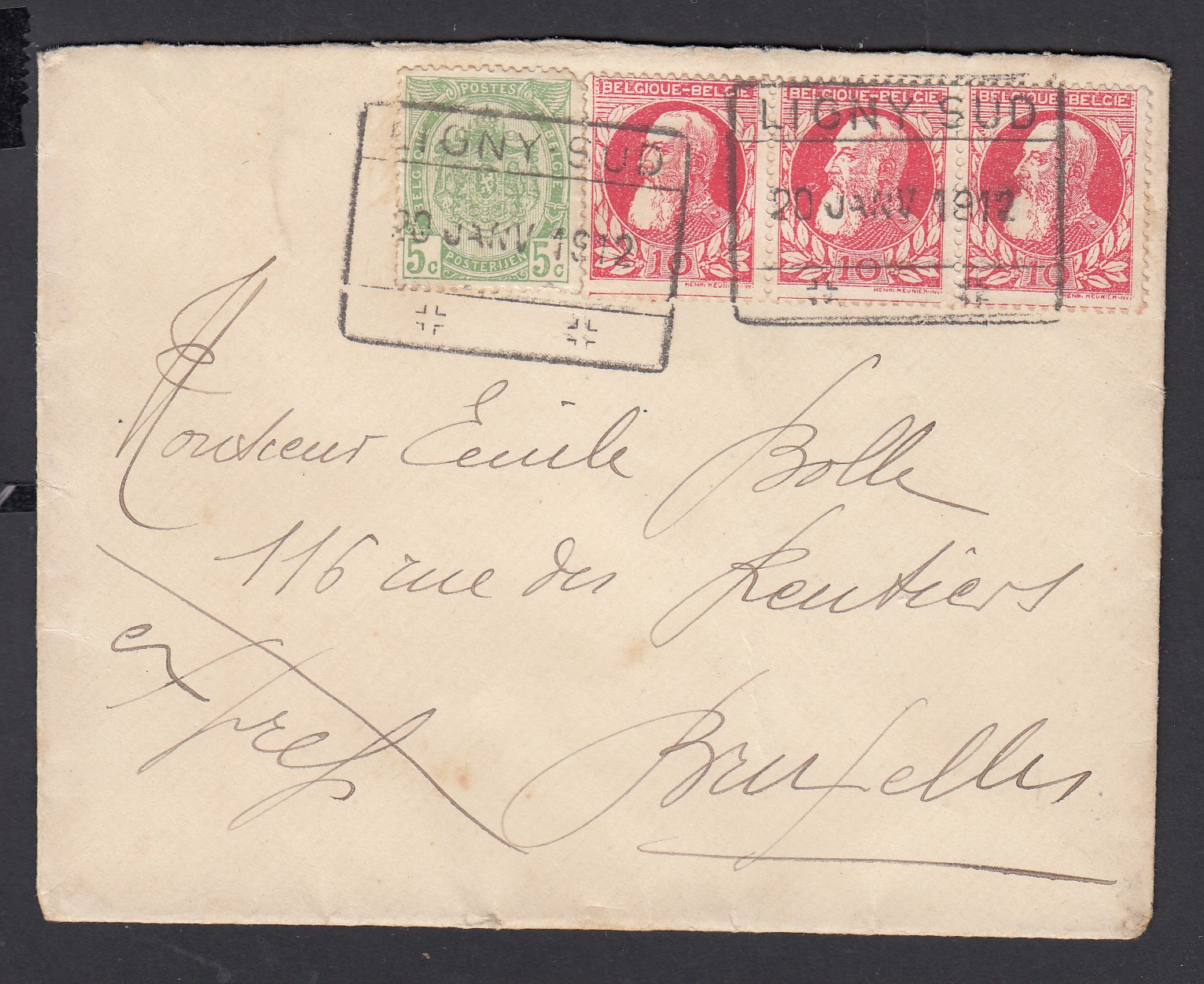 n°74 en bande de 3 + 83 sur lettre en exprès + cachet chemin de fer Ligny-Sud le 20 JANV 1912 vers BXL.. Càd sur vignette « Expo agricole » au verso. Superbe 