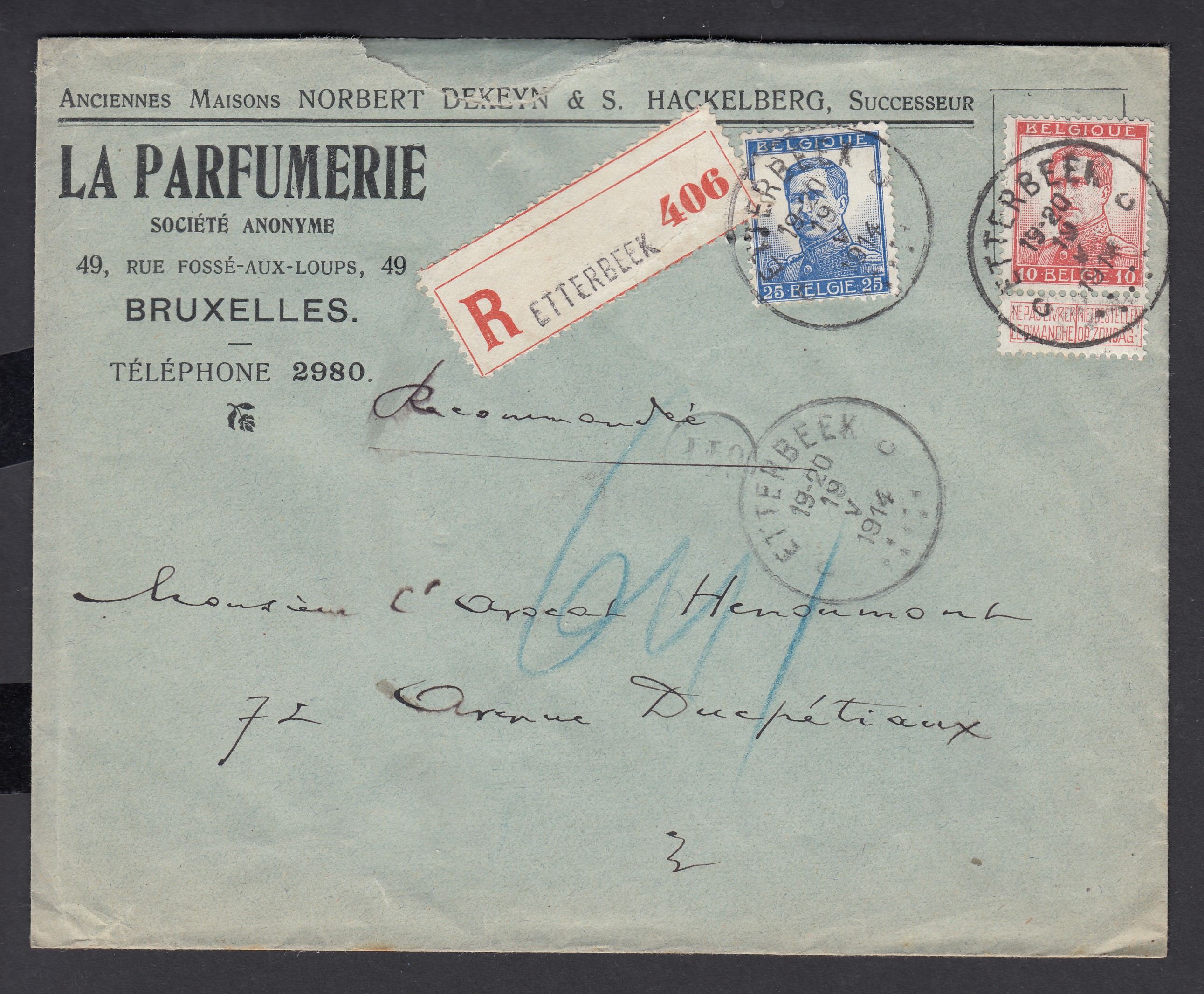 Pellens - n°123 +125 sur lettre en recommandé de et à destination d'Etterbeek le 19.V.1914. Cachet ovale d'arrivée de BXL. au verso.