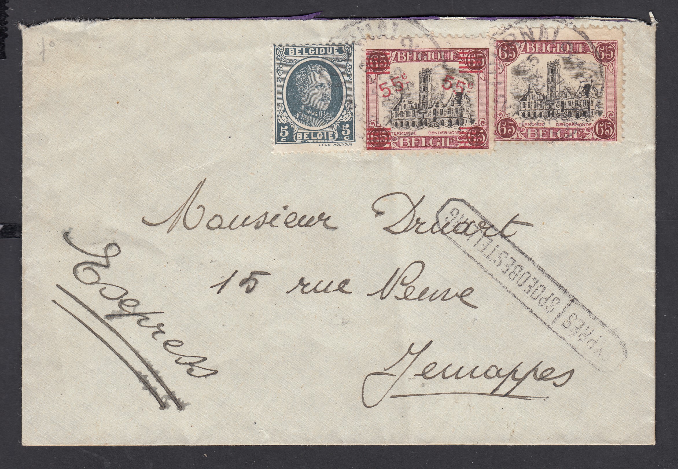 193 +182 +188 sur lettre en exprès de Tournai le 25.IX.1921 vers Jemappes.