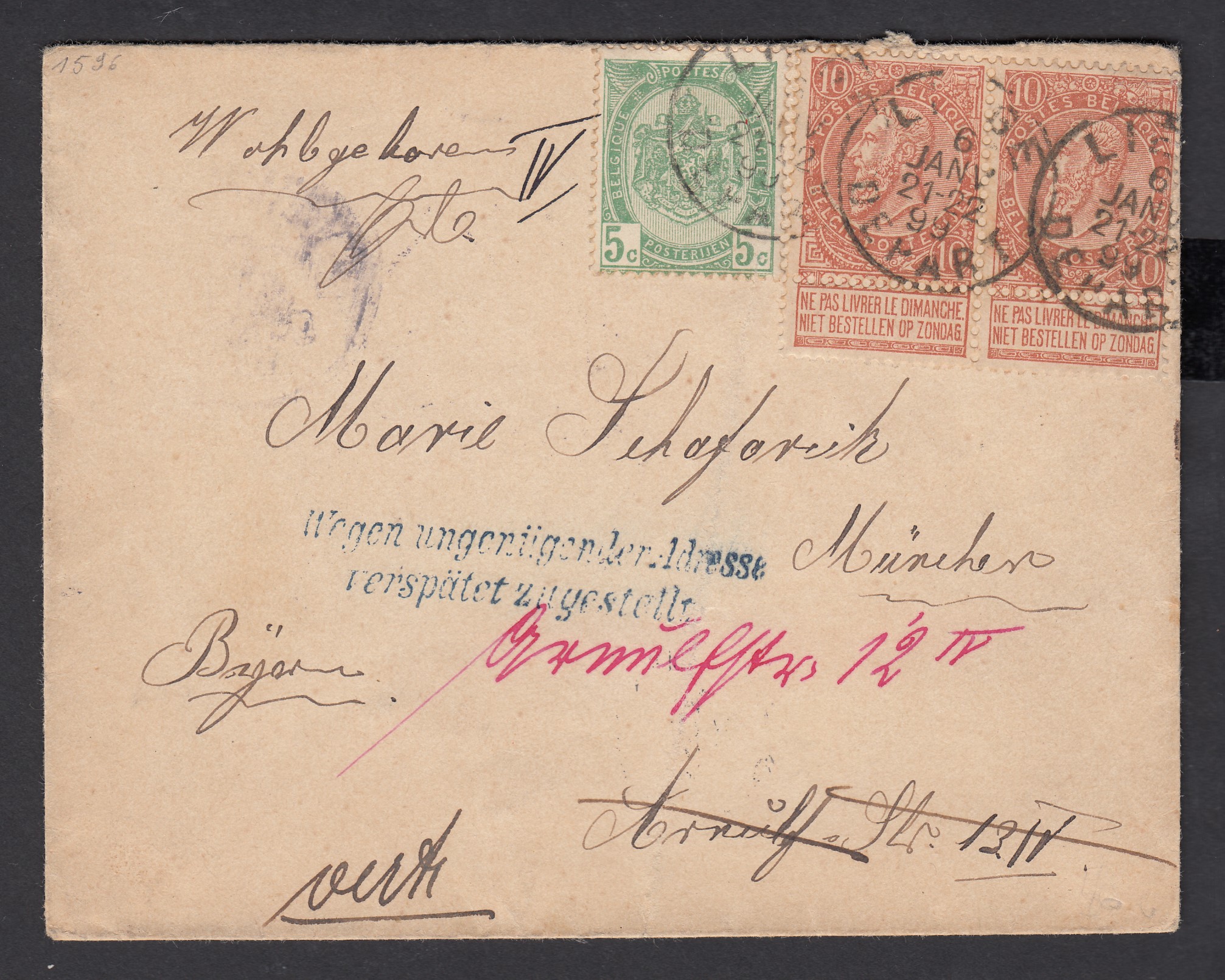 n°56 +57 en paire sur lettre de Liège le 6 JANV.1899 vers Munich, suivi en Allemagne. Cachets d'arrivées au verso. Griffe allemande 2L. 