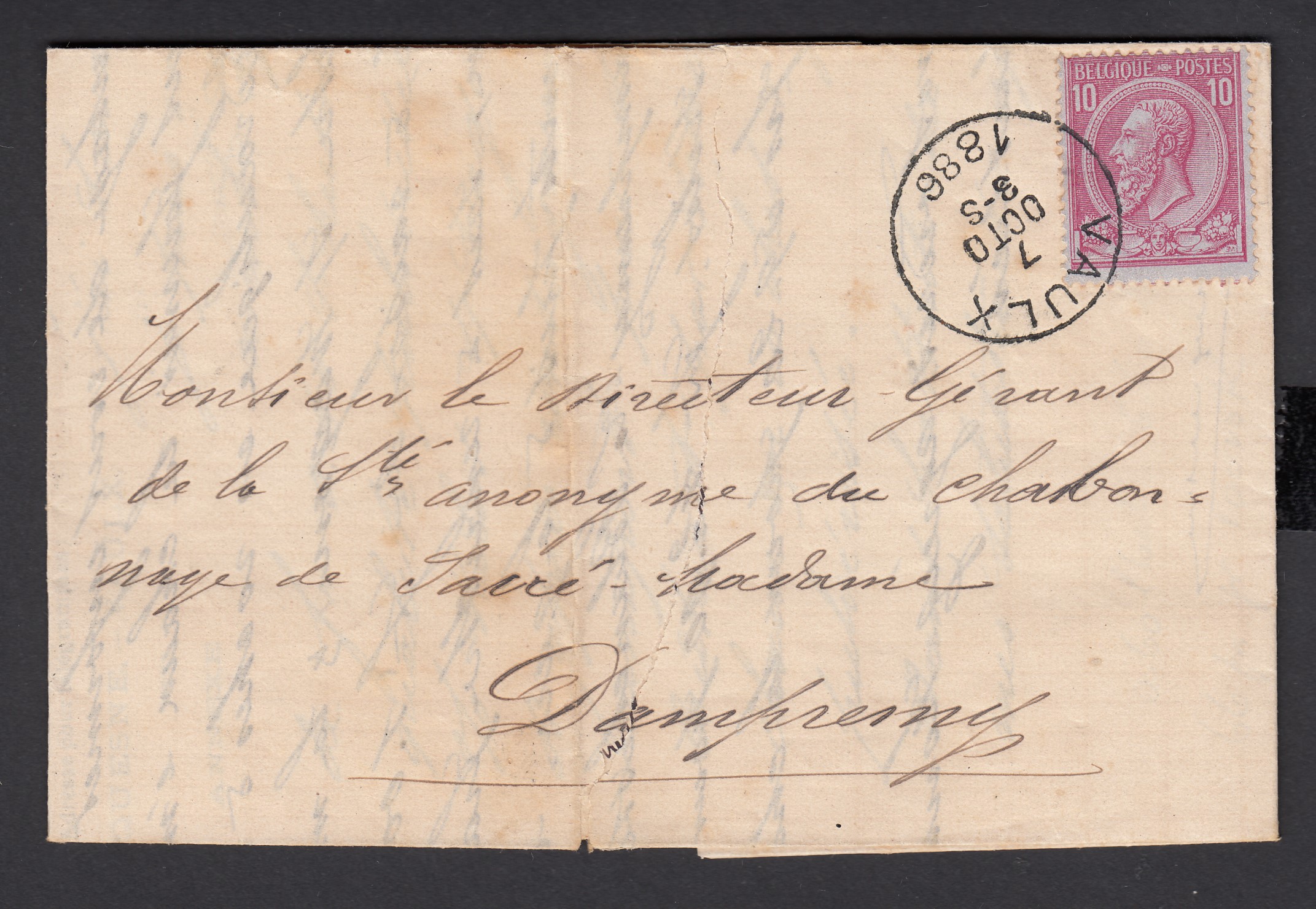n°46 sur lettre avec contenu de Vaulx le 7 OCTO 1886 vers Dampremy. Càd de Charleroi +vignette commerciale au verso.