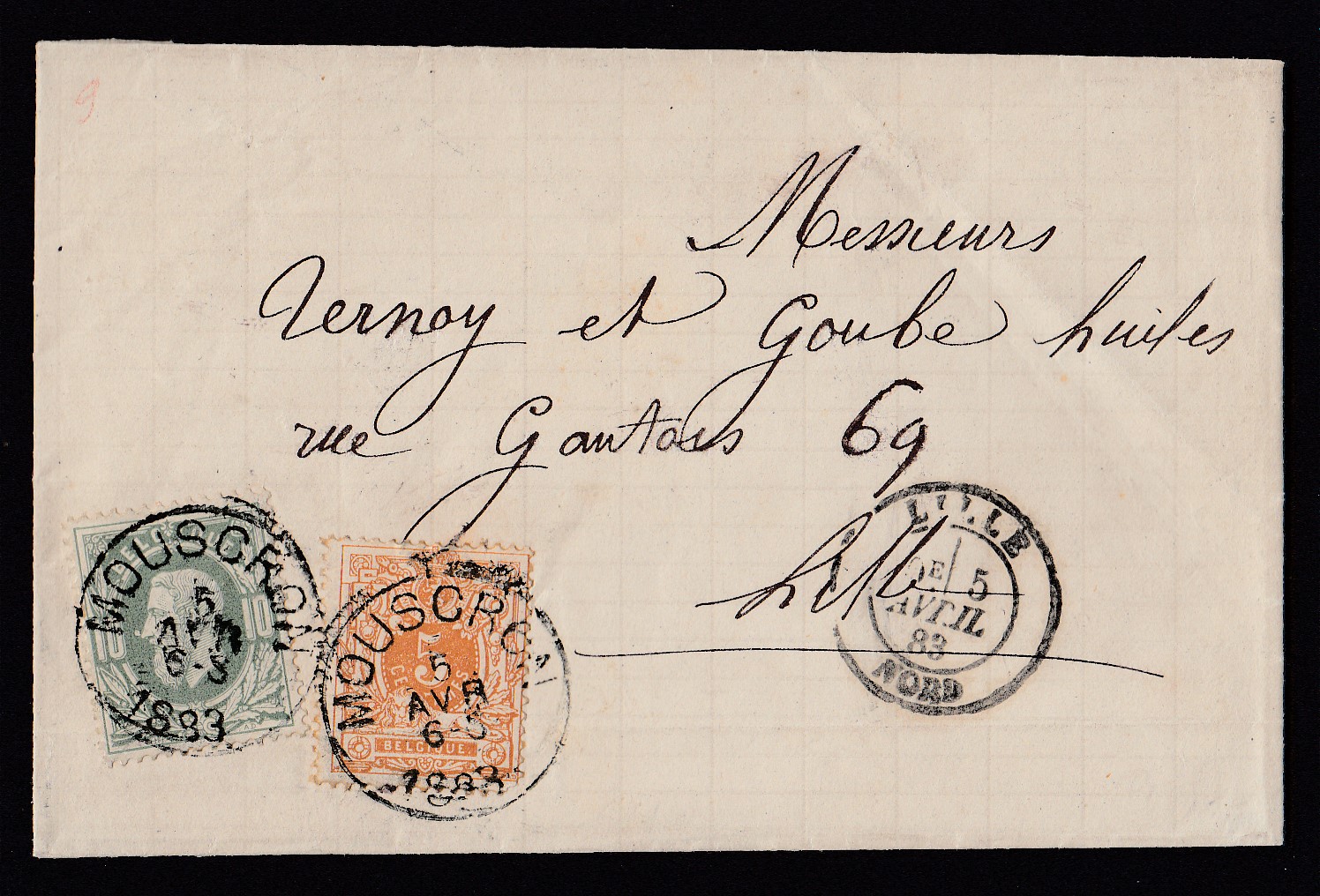 28 +30 (Port frontalier) sur LAC de Mouscron ( Cachet S.C.) le 5 AVR 1883 vers Lille. Càd au verso.