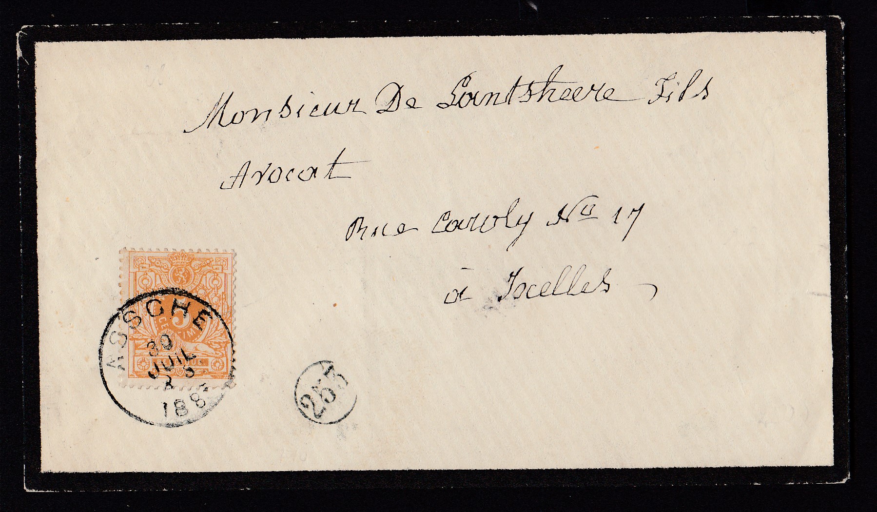 28 sur enveloppe de deuil en imprimé, d'Assche le 30 JUIL.1883 à destination d'Ixelles.